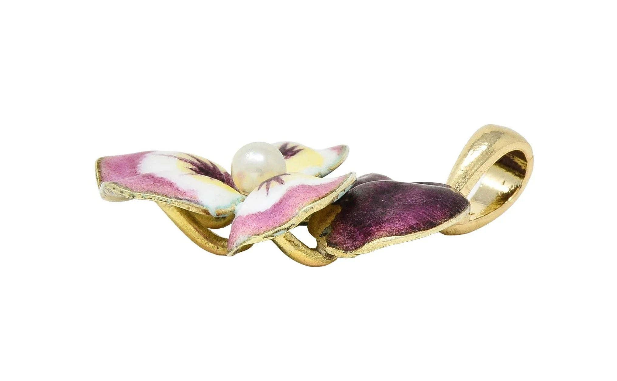 Art Nouveau Pearl Enamel 14 Karat Yellow Gold Antique Maroon Pansy Flower Charm - Image 7