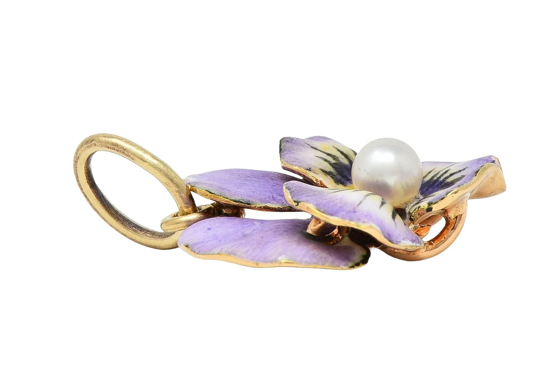 Art Nouveau Pearl Enamel 14 Karat Yellow Gold Antique Pansy Flower Charm - Image 7