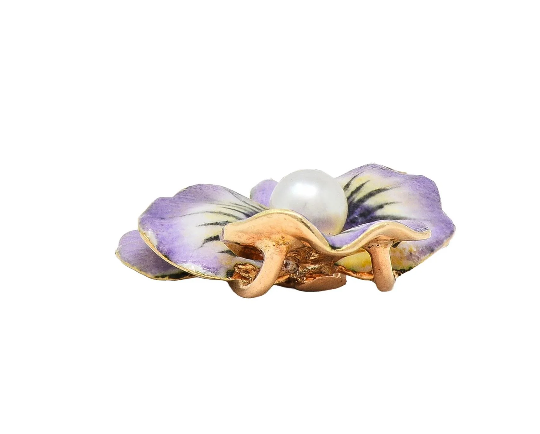 Art Nouveau Pearl Enamel 14 Karat Yellow Gold Antique Pansy Flower Charm - Image 8
