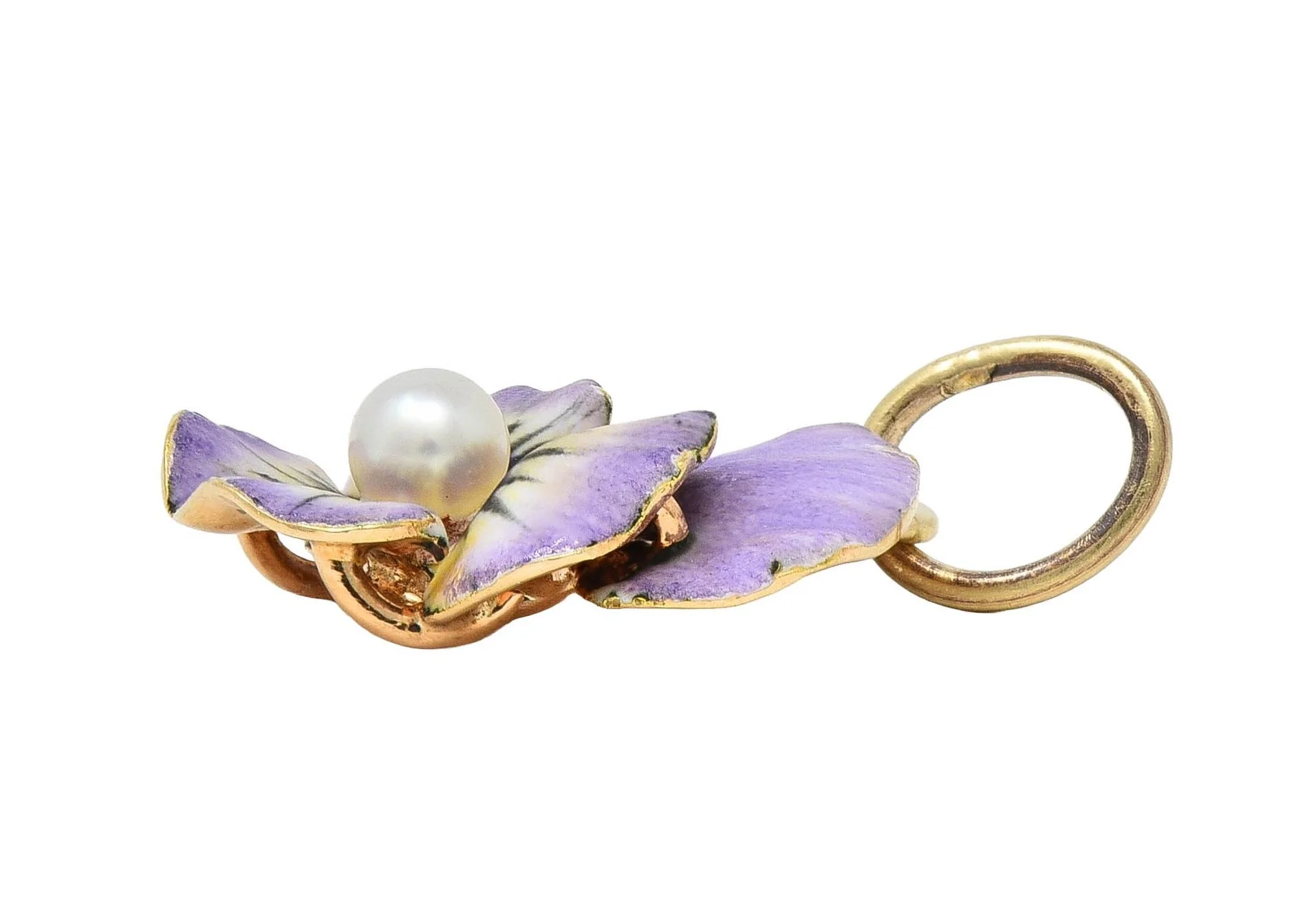 Art Nouveau Pearl Enamel 14 Karat Yellow Gold Antique Pansy Flower Charm - Image 9