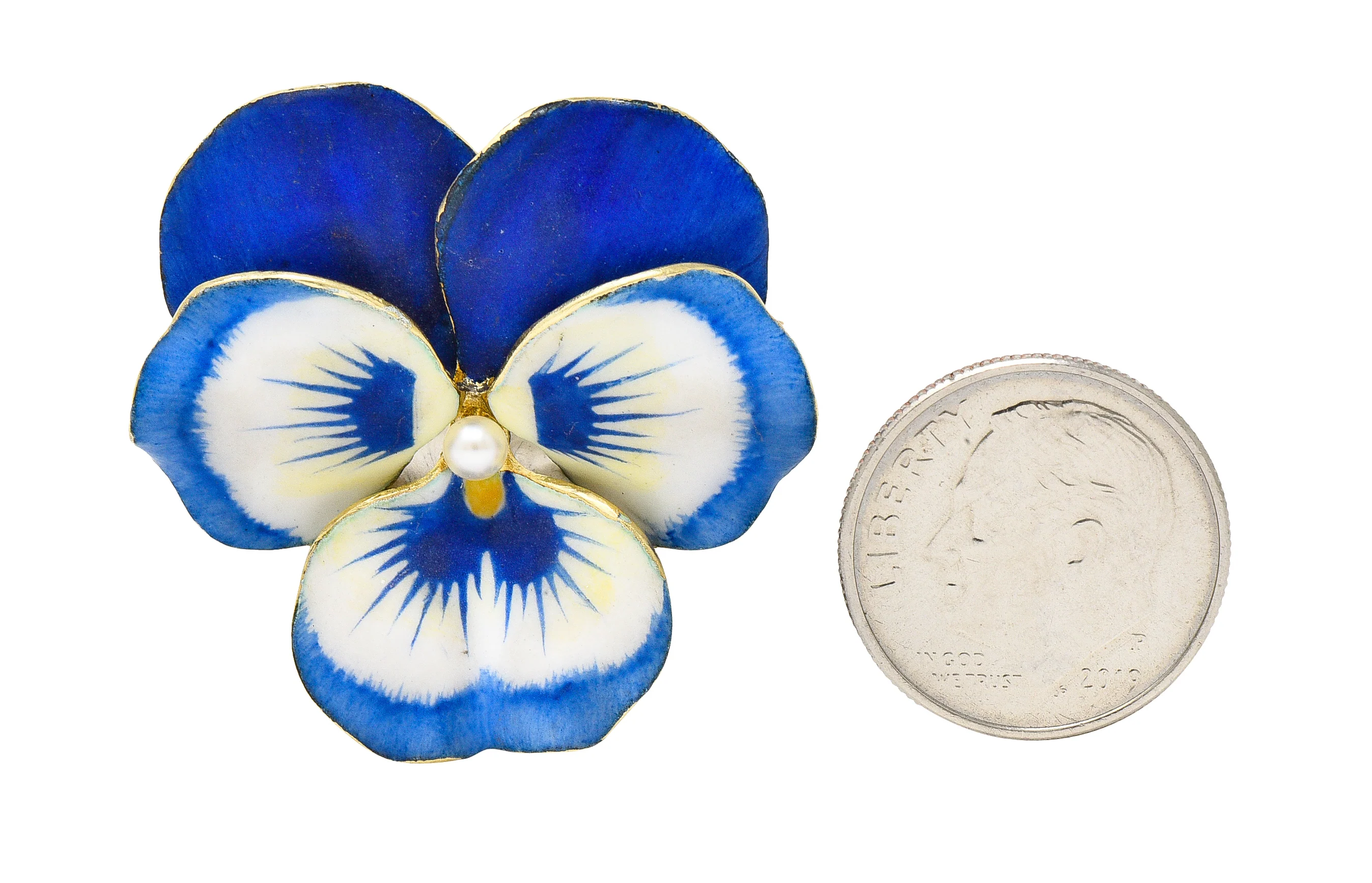Art Nouveau Pearl Enamel 14 Karat Yellow Gold Blue Pansy Antique Brooch - Image 10