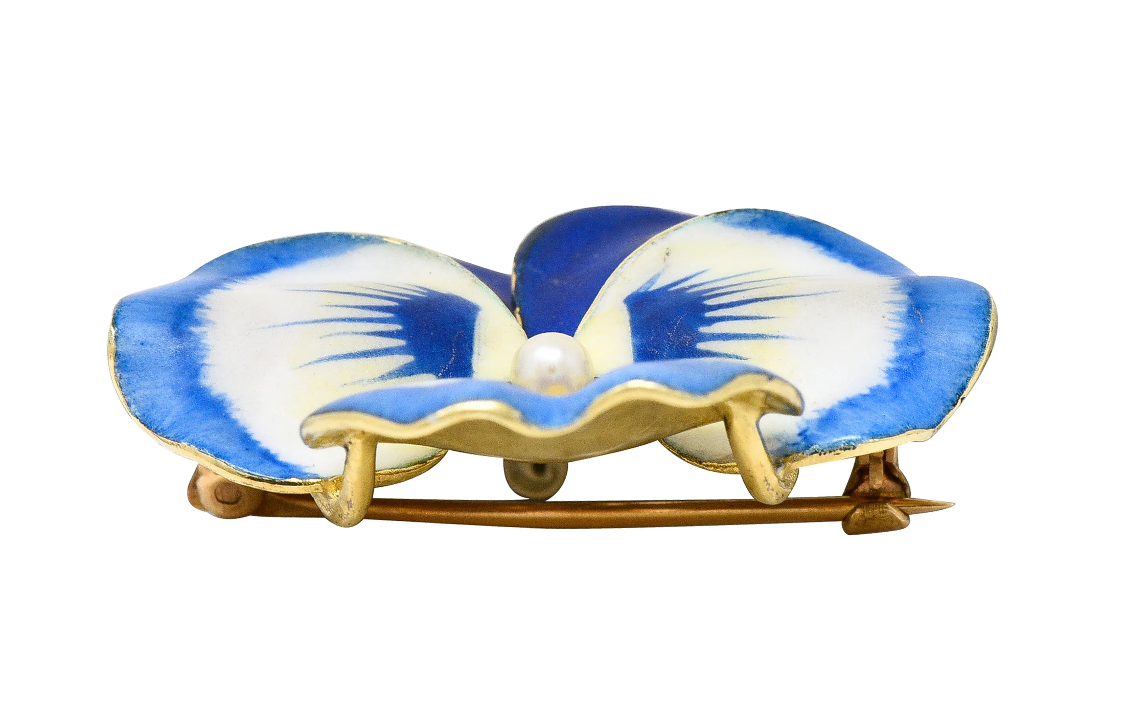 Art Nouveau Pearl Enamel 14 Karat Yellow Gold Blue Pansy Antique Brooch - Image 9