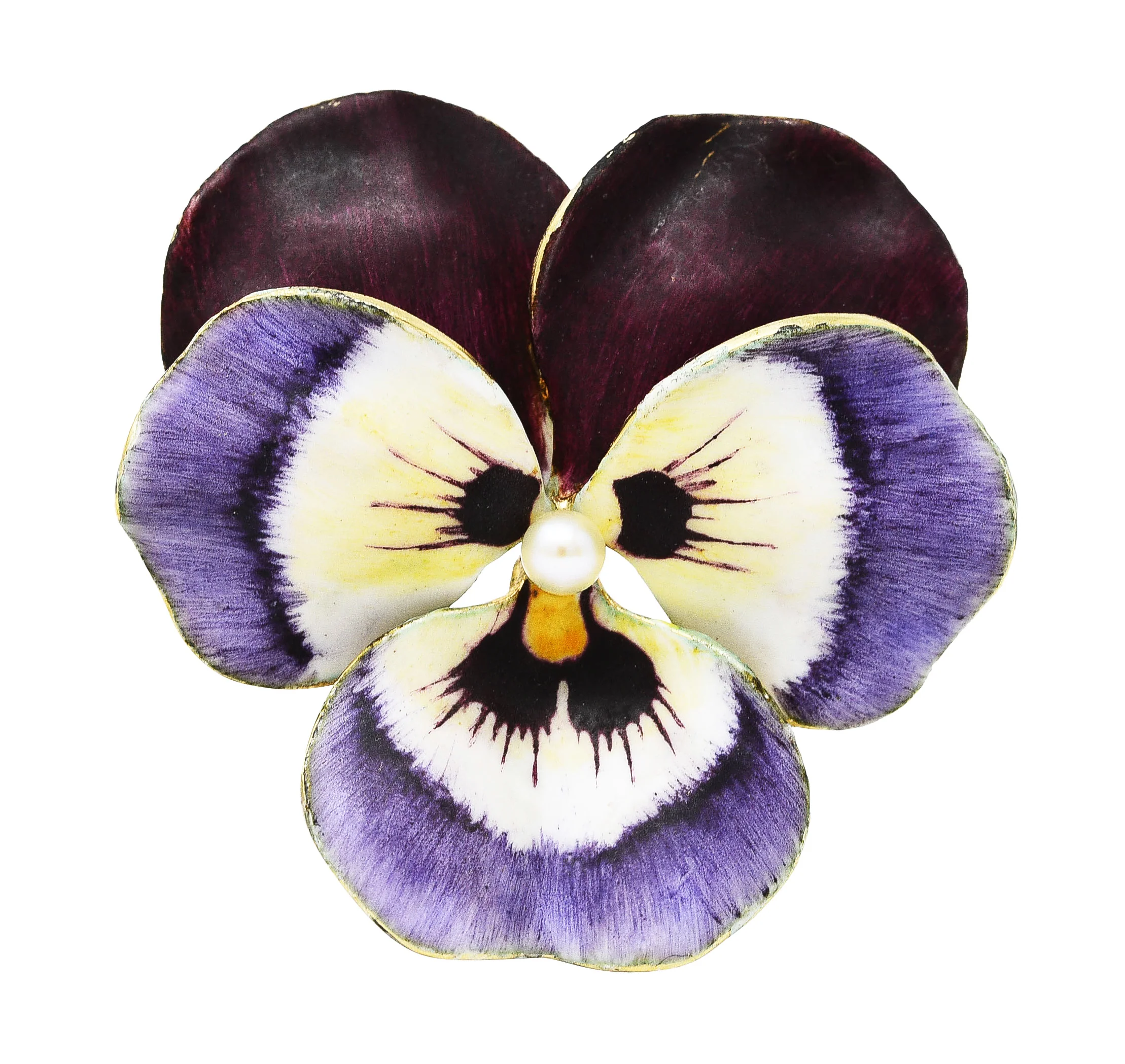 Art Nouveau Pearl Enamel 14 Karat Yellow Gold Purple Pansy Antique Brooch