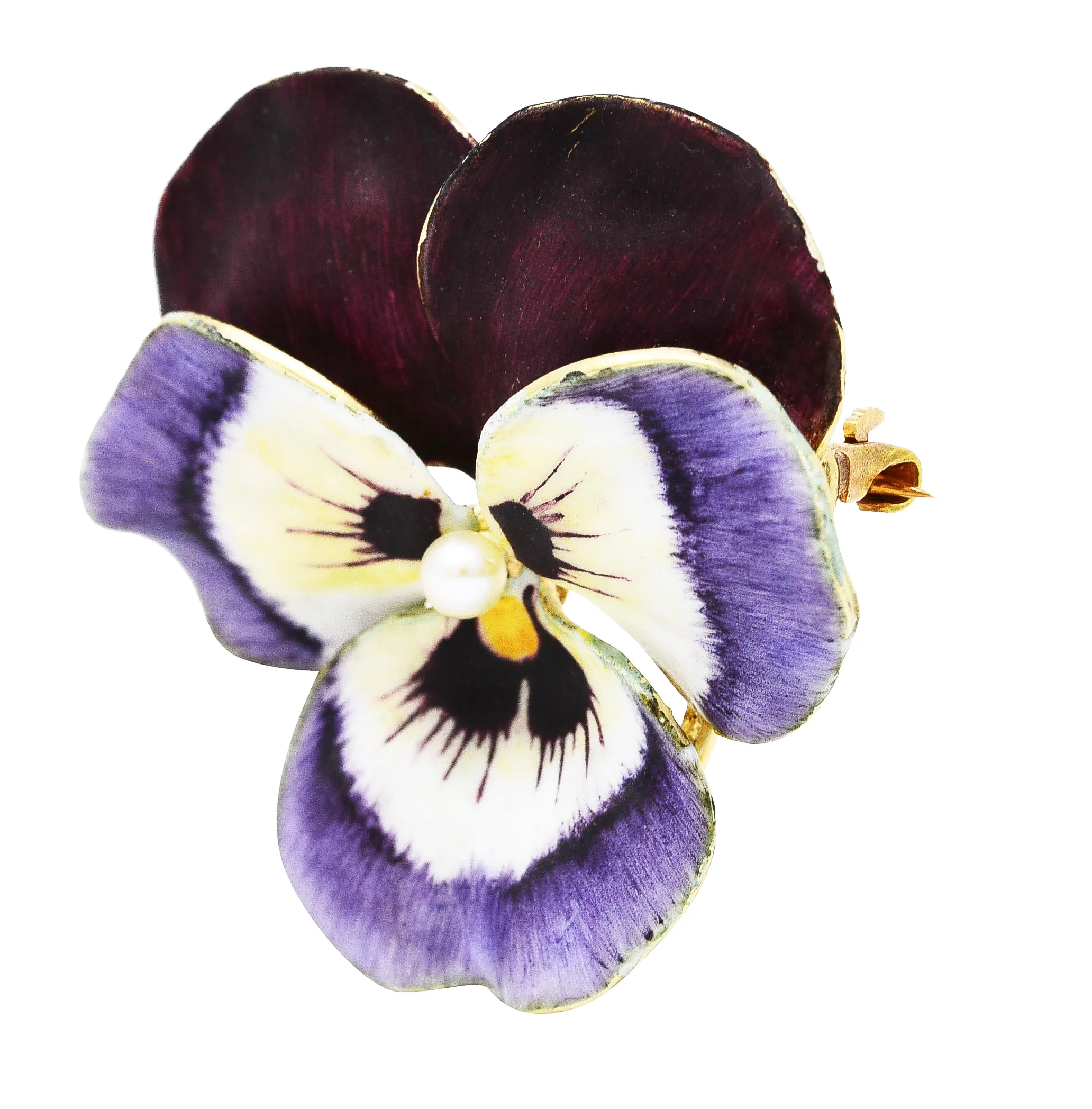 Art Nouveau Pearl Enamel 14 Karat Yellow Gold Purple Pansy Antique Brooch - Image 2