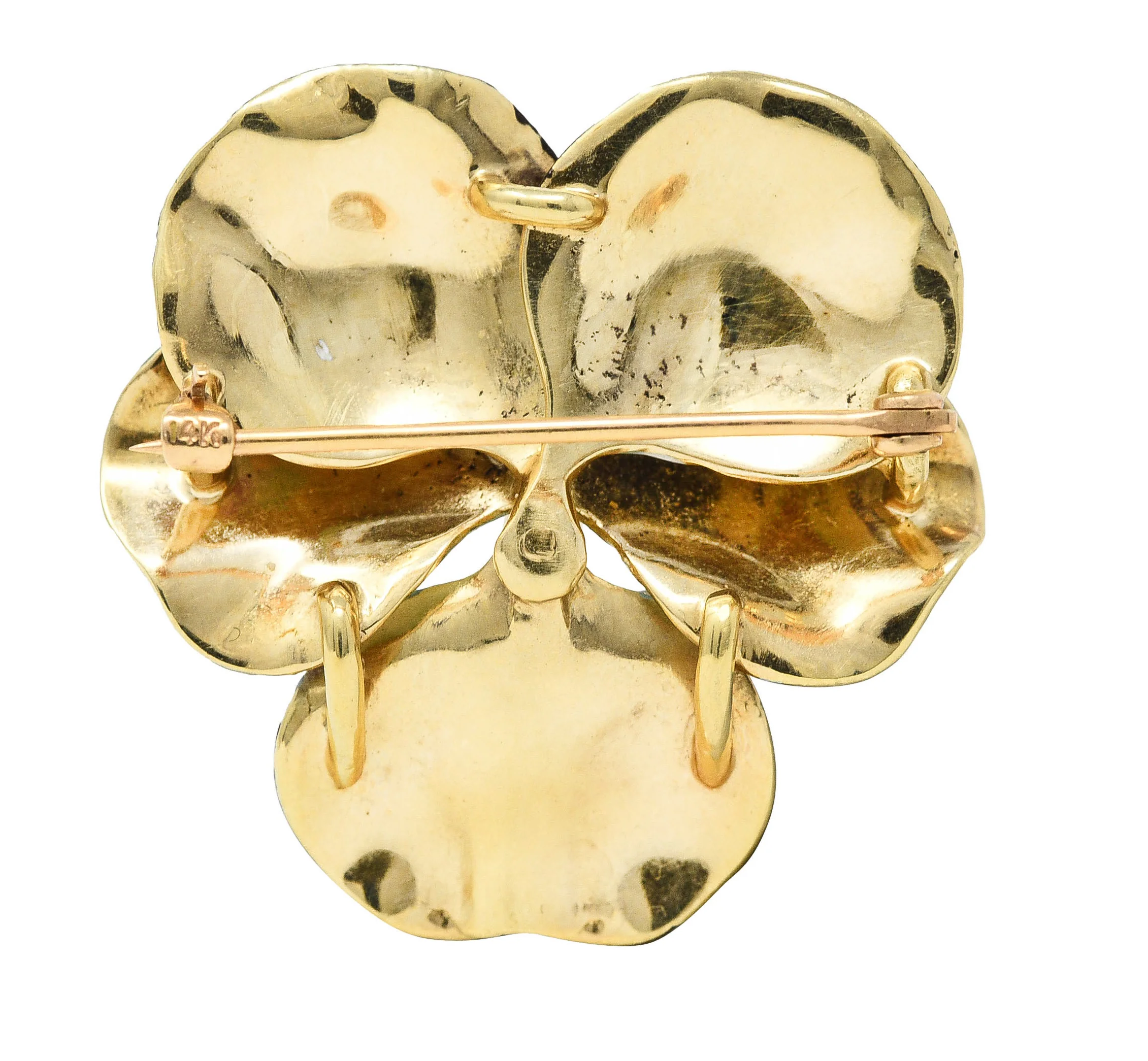 Art Nouveau Pearl Enamel 14 Karat Yellow Gold Purple Pansy Antique Brooch - Image 3
