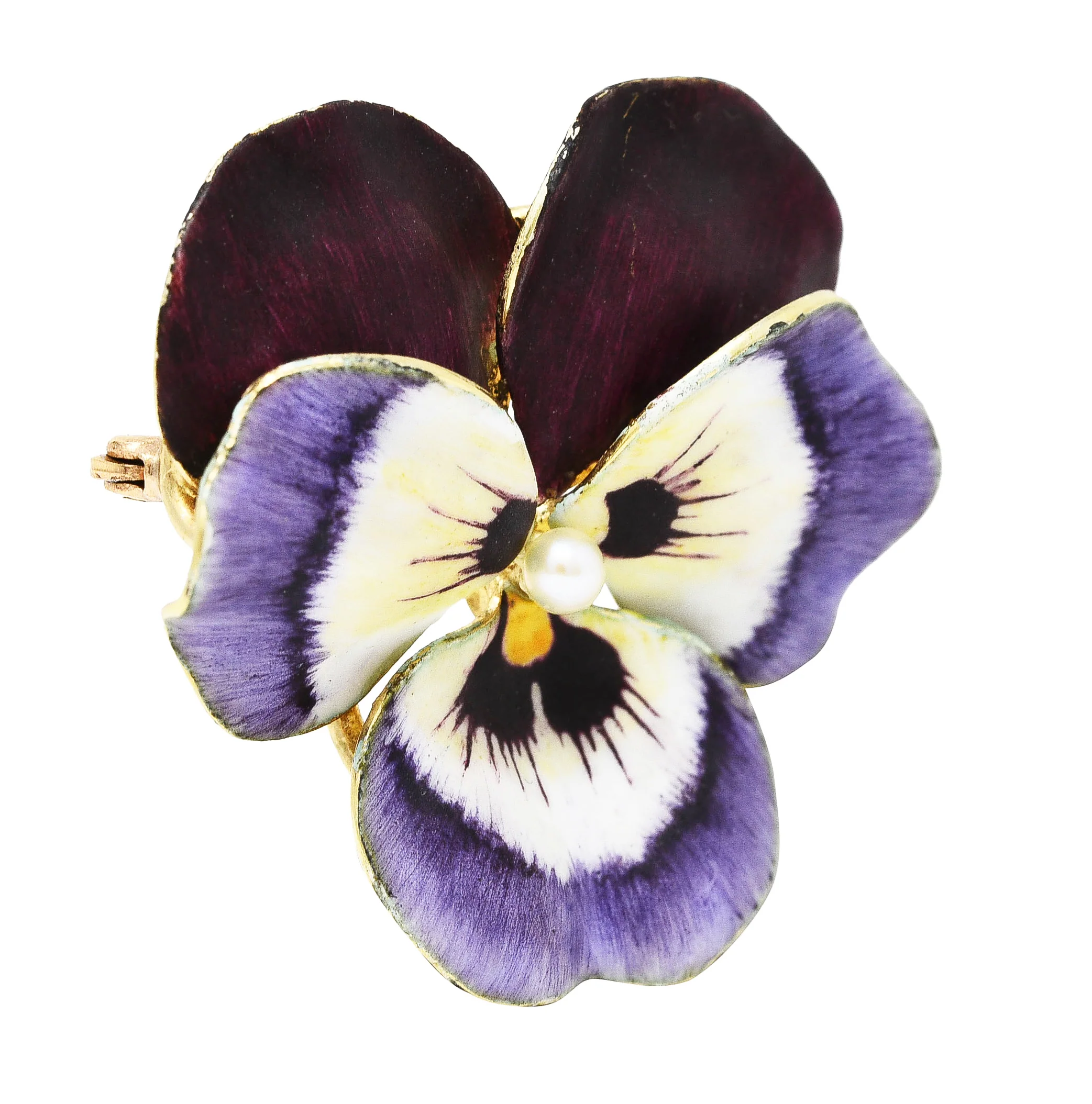 Art Nouveau Pearl Enamel 14 Karat Yellow Gold Purple Pansy Antique Brooch - Image 4