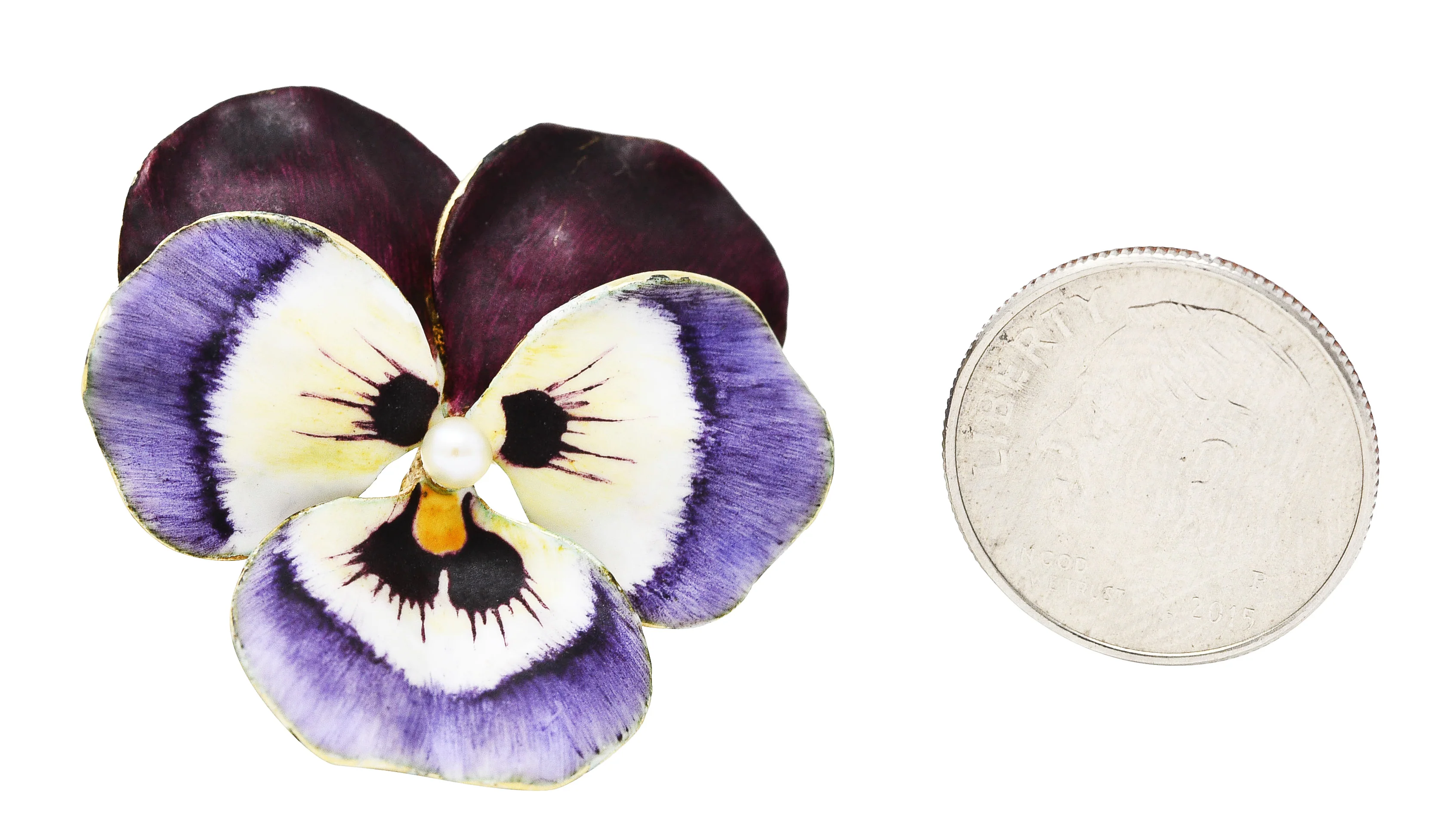 Art Nouveau Pearl Enamel 14 Karat Yellow Gold Purple Pansy Antique Brooch - Image 7