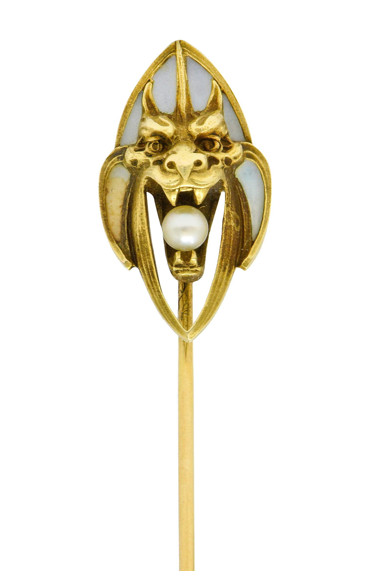 Art Nouveau Pearl Plique-A-Jour Enamel 14 Karat Gold Gargoyle Stickpin