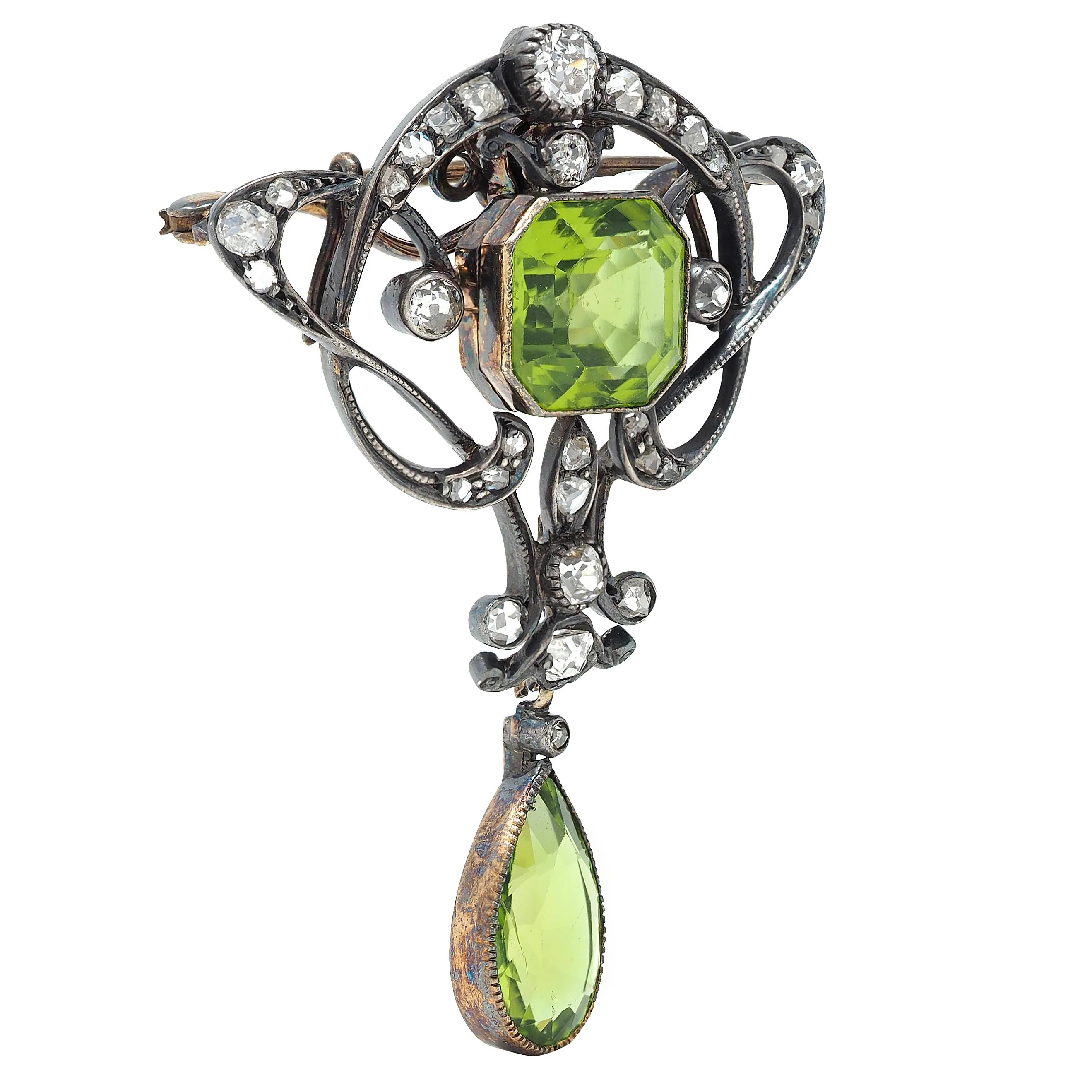 Art Nouveau Peridot Diamond 14 Karat Yellow Gold Silver Antique Whiplash Pendant Brooch - Image 3