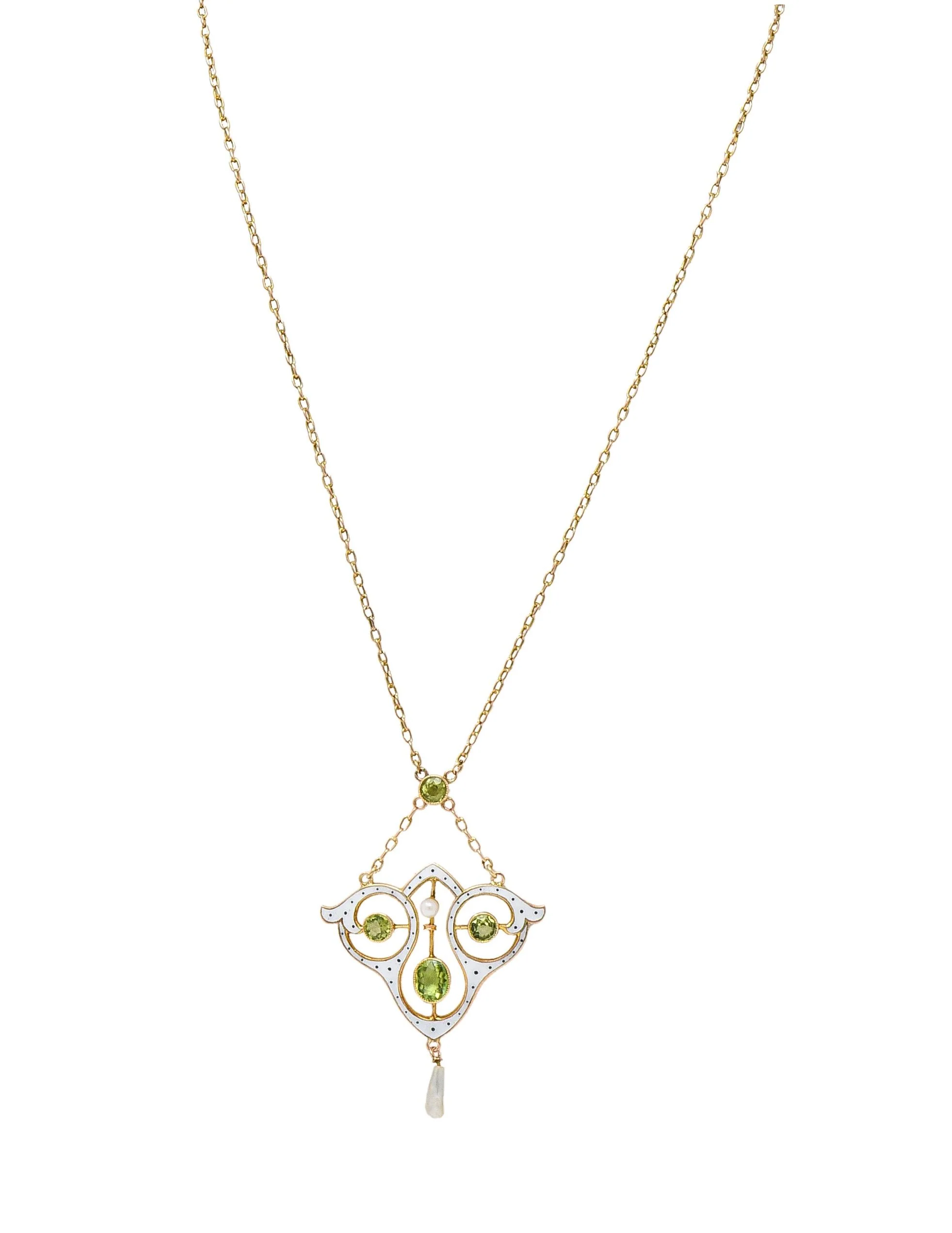 Art Nouveau Peridot Pearl Enamel 9 Karat Rose Gold Antique Lavalier Drop Necklace - Image 11