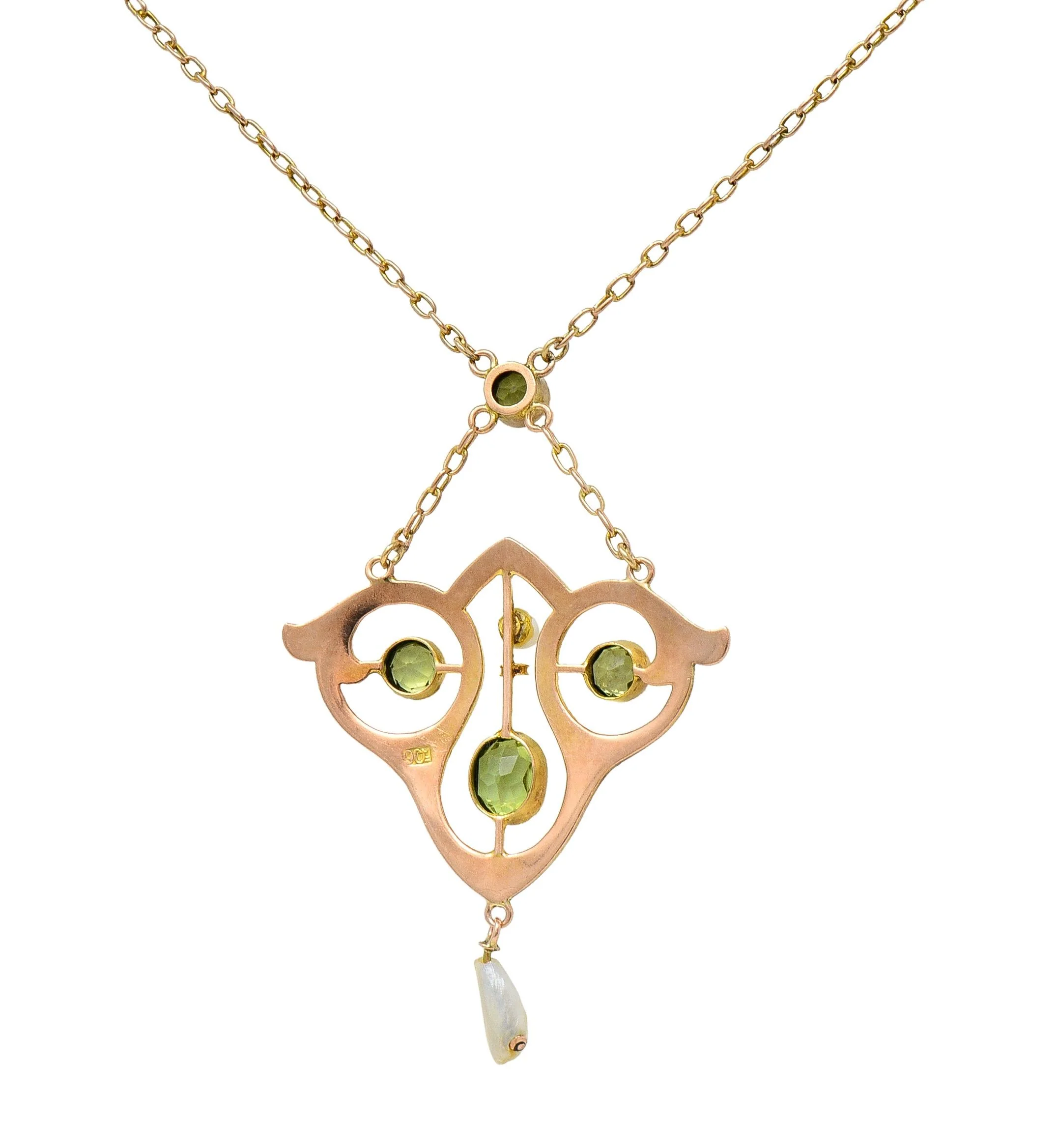 Art Nouveau Peridot Pearl Enamel 9 Karat Rose Gold Antique Lavalier Drop Necklace - Image 6