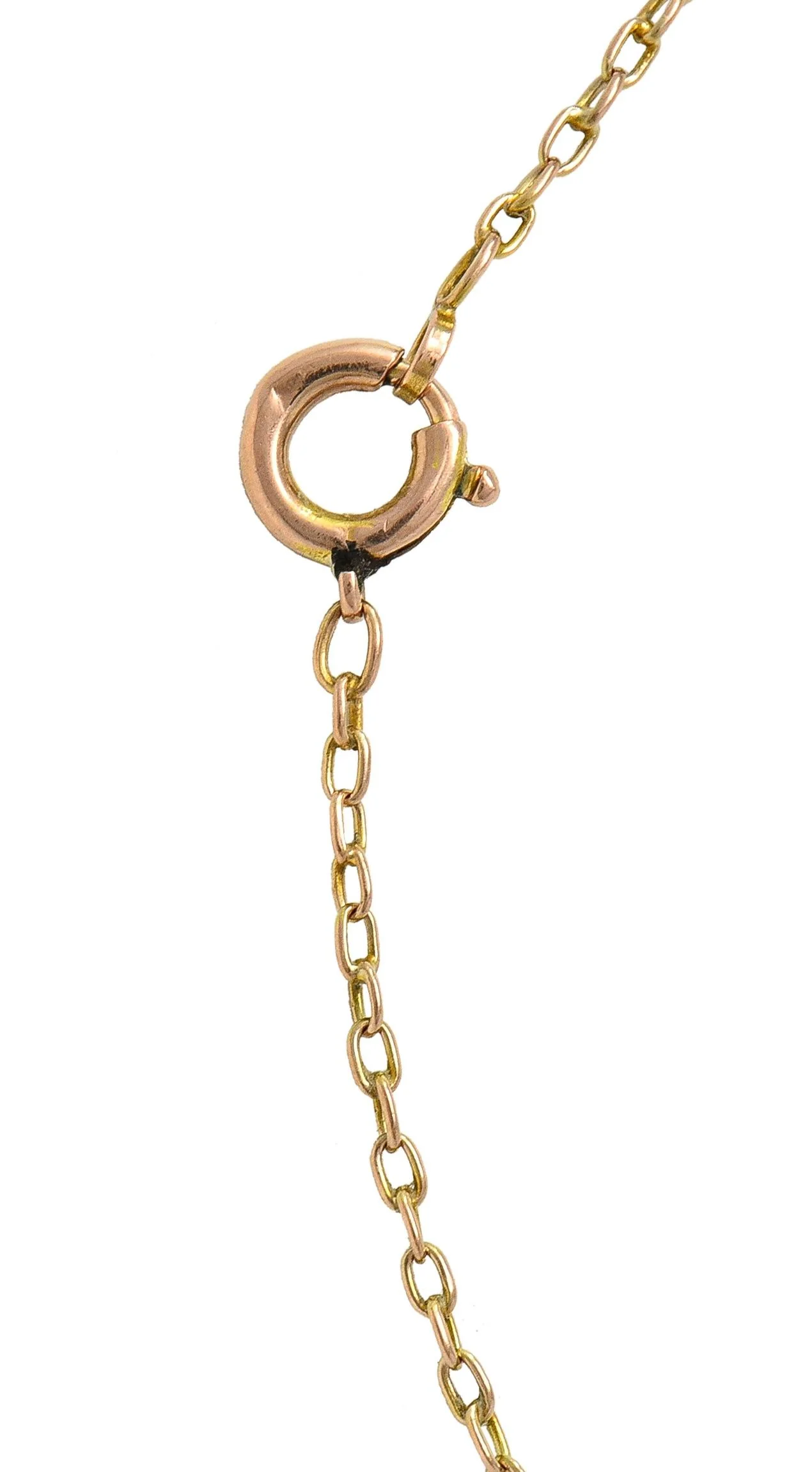 Art Nouveau Peridot Pearl Enamel 9 Karat Rose Gold Antique Lavalier Drop Necklace - Image 9