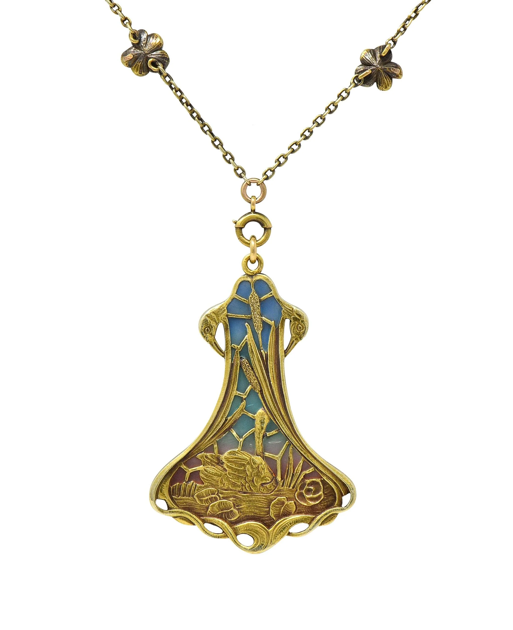Art Nouveau Plique-A-Jour Enamel 14 Karat Gold Antique Swan Bird Lake Lily Pad Pendant Necklace - Image 15