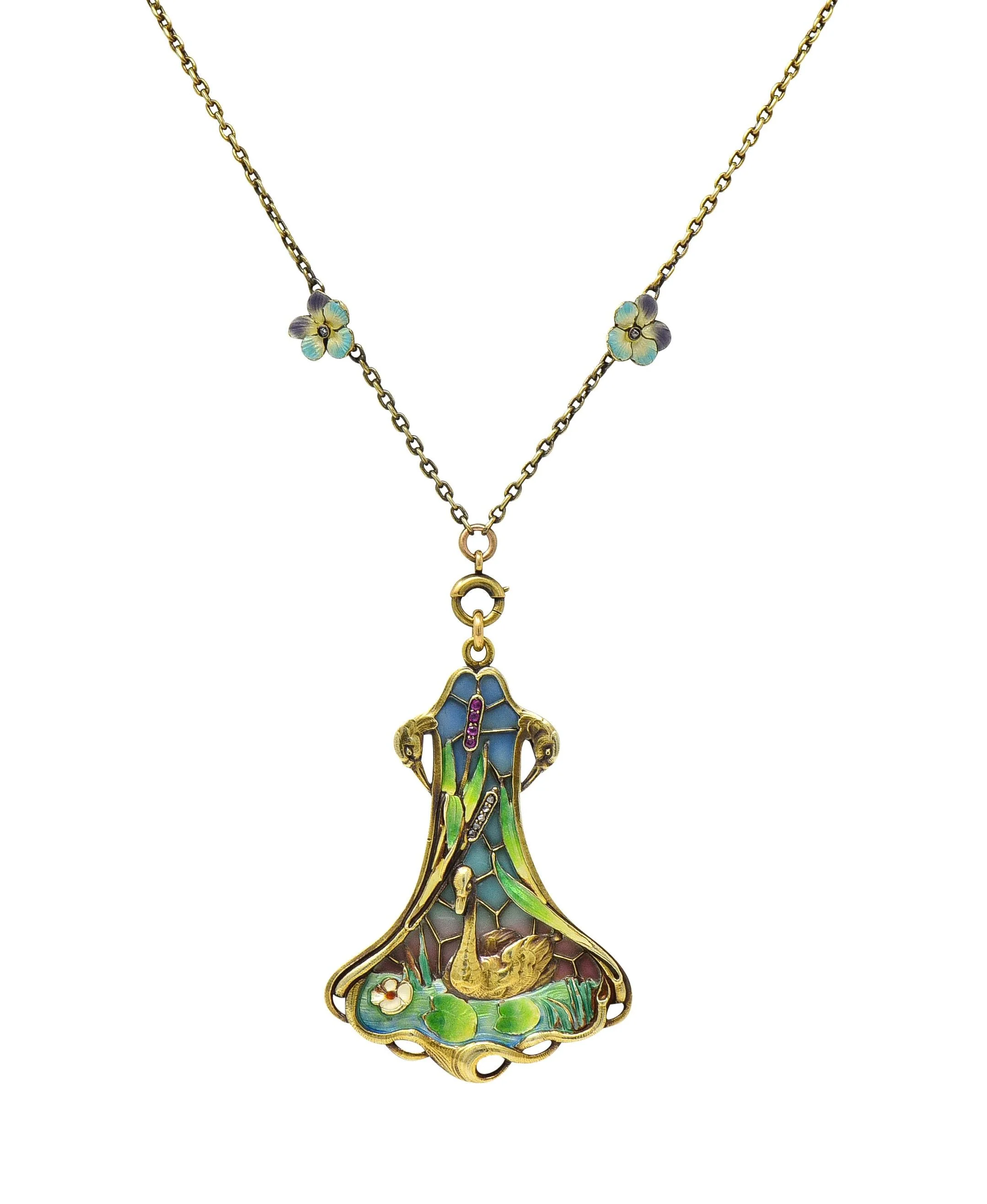 Art Nouveau Plique-A-Jour Enamel 14 Karat Gold Antique Swan Bird Lake Lily Pad Pendant Necklace - Image 16