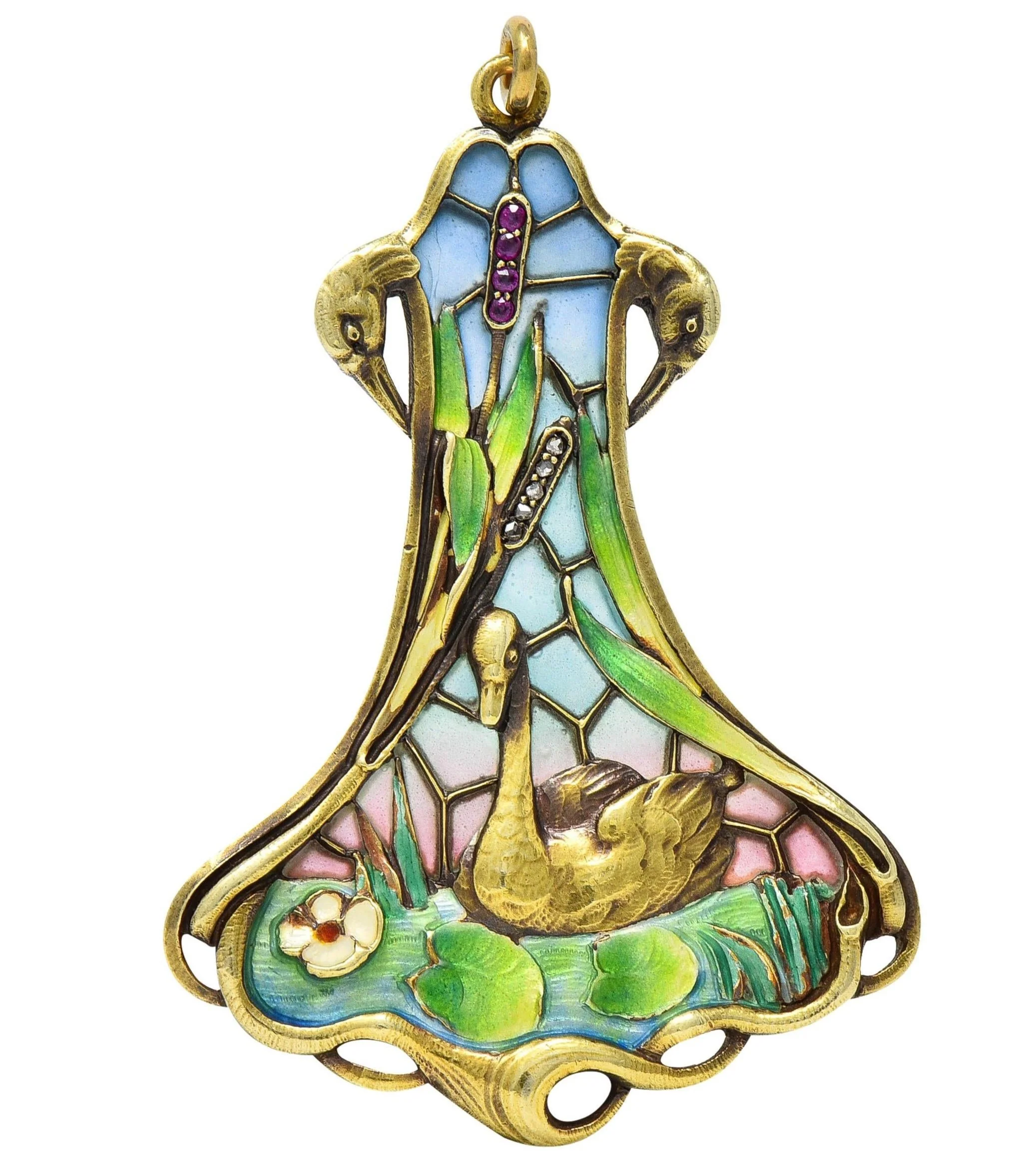 Art Nouveau Plique-A-Jour Enamel 14 Karat Gold Antique Swan Bird Lake Lily Pad Pendant Necklace - Image 3