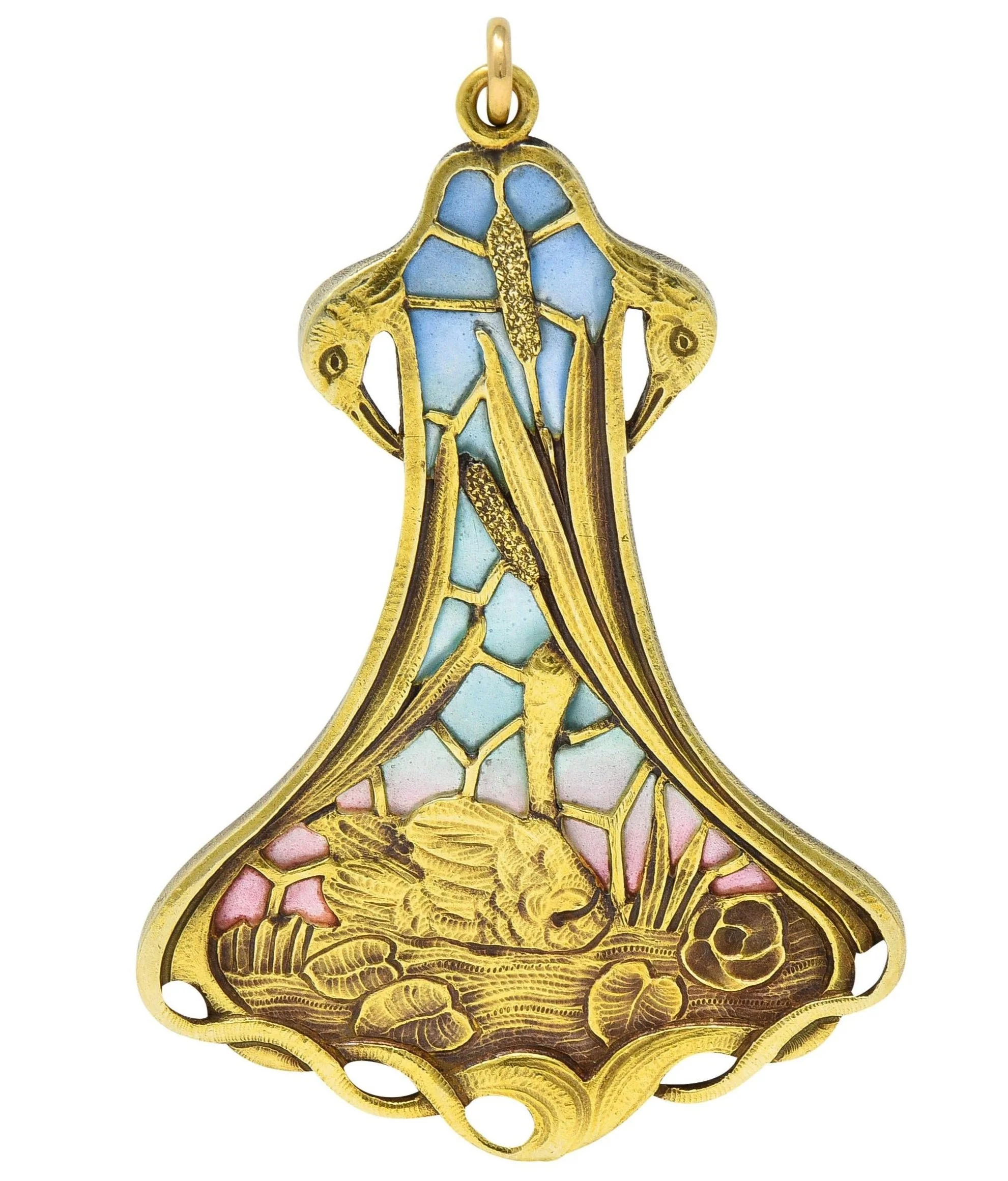 Art Nouveau Plique-A-Jour Enamel 14 Karat Gold Antique Swan Bird Lake Lily Pad Pendant Necklace - Image 4