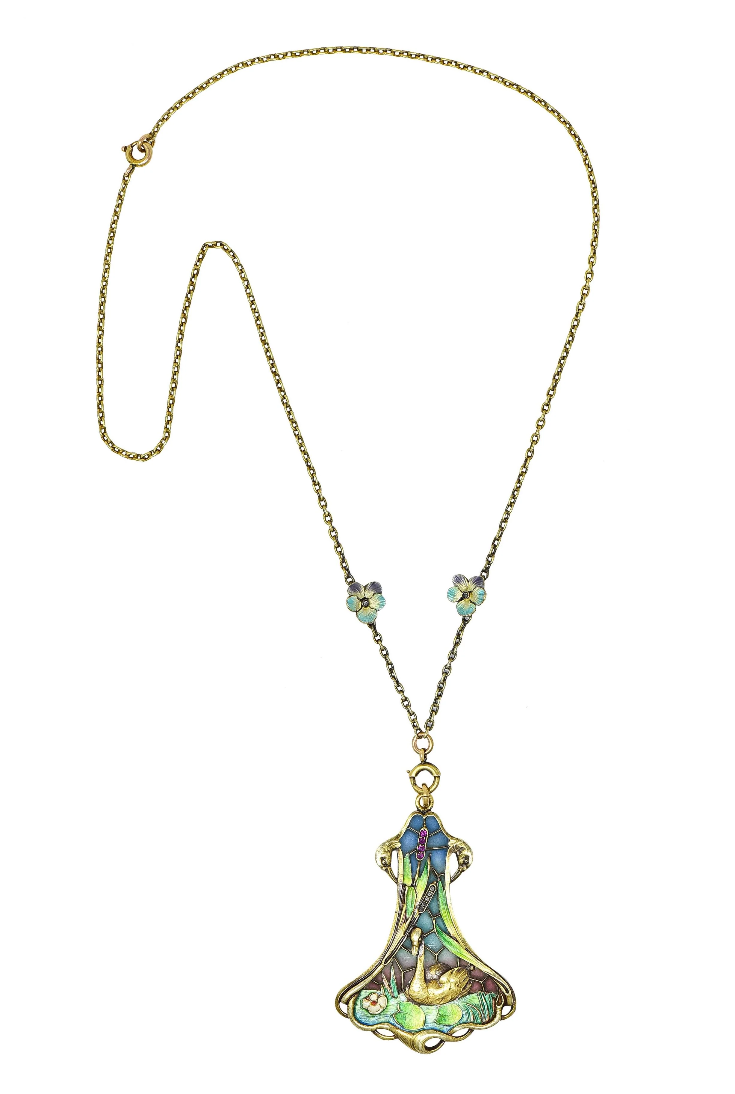 Art Nouveau Plique-A-Jour Enamel 14 Karat Gold Antique Swan Bird Lake Lily Pad Pendant Necklace - Image 5