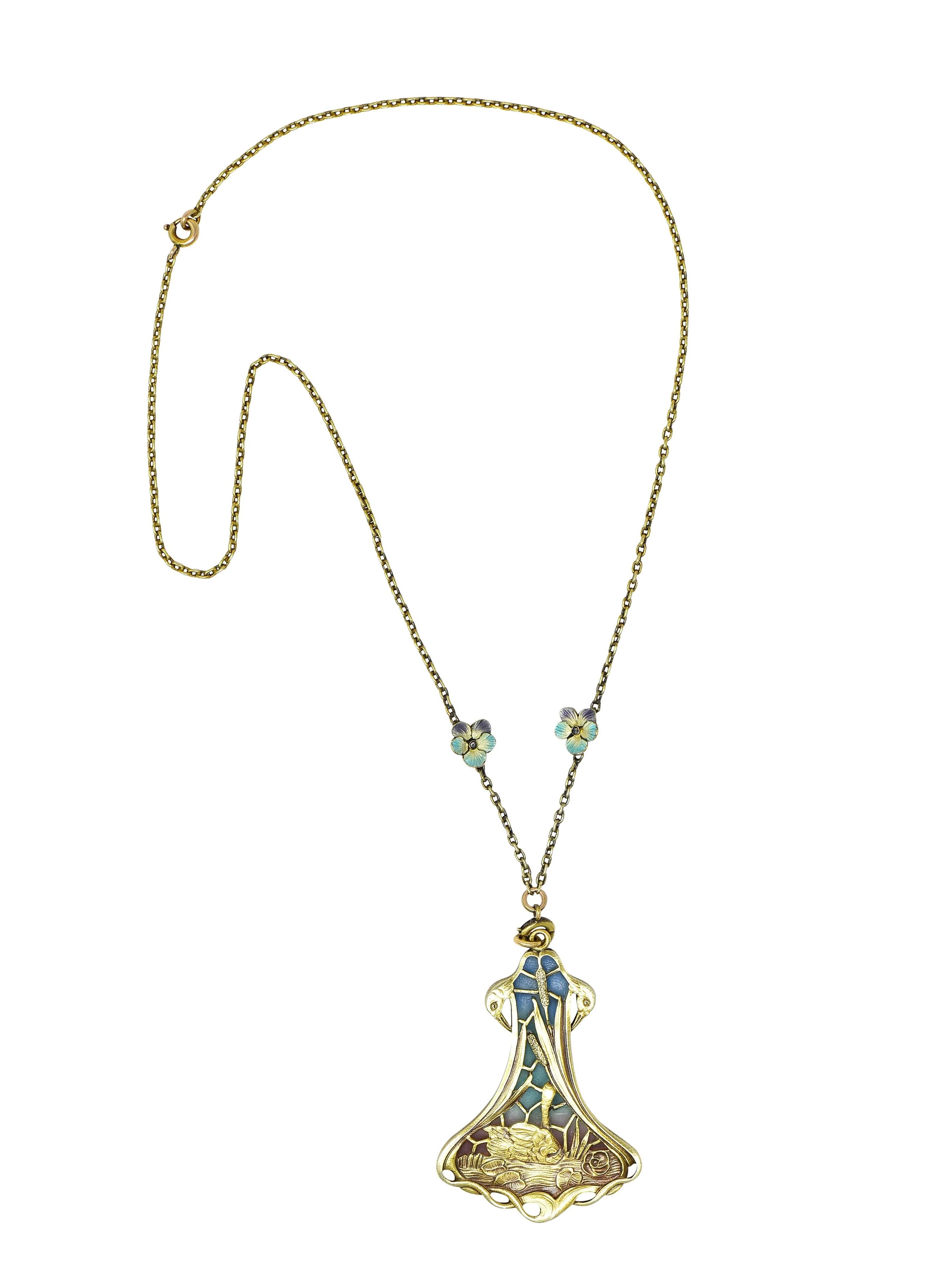 Art Nouveau Plique-A-Jour Enamel 14 Karat Gold Antique Swan Bird Lake Lily Pad Pendant Necklace - Image 6