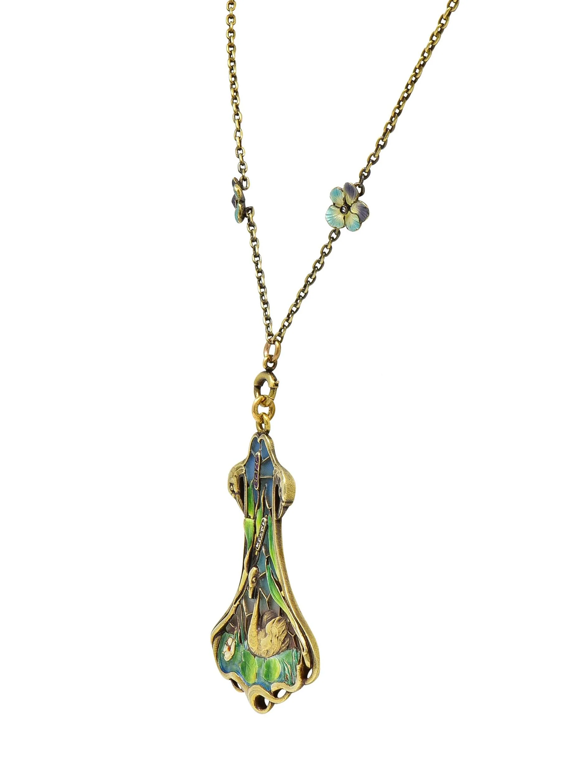 Art Nouveau Plique-A-Jour Enamel 14 Karat Gold Antique Swan Bird Lake Lily Pad Pendant Necklace - Image 7