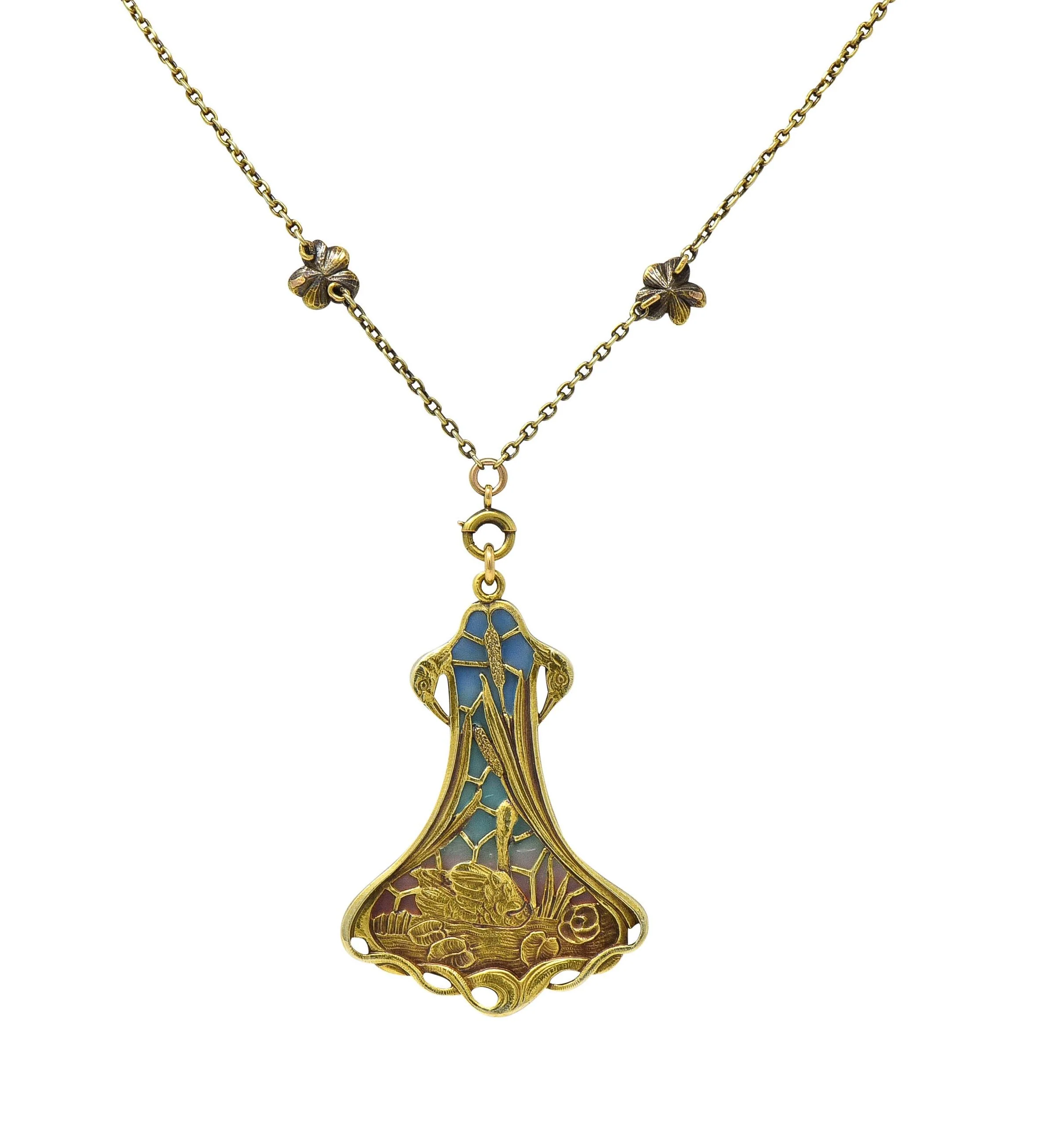 Art Nouveau Plique-A-Jour Enamel 14 Karat Gold Antique Swan Bird Lake Lily Pad Pendant Necklace - Image 8