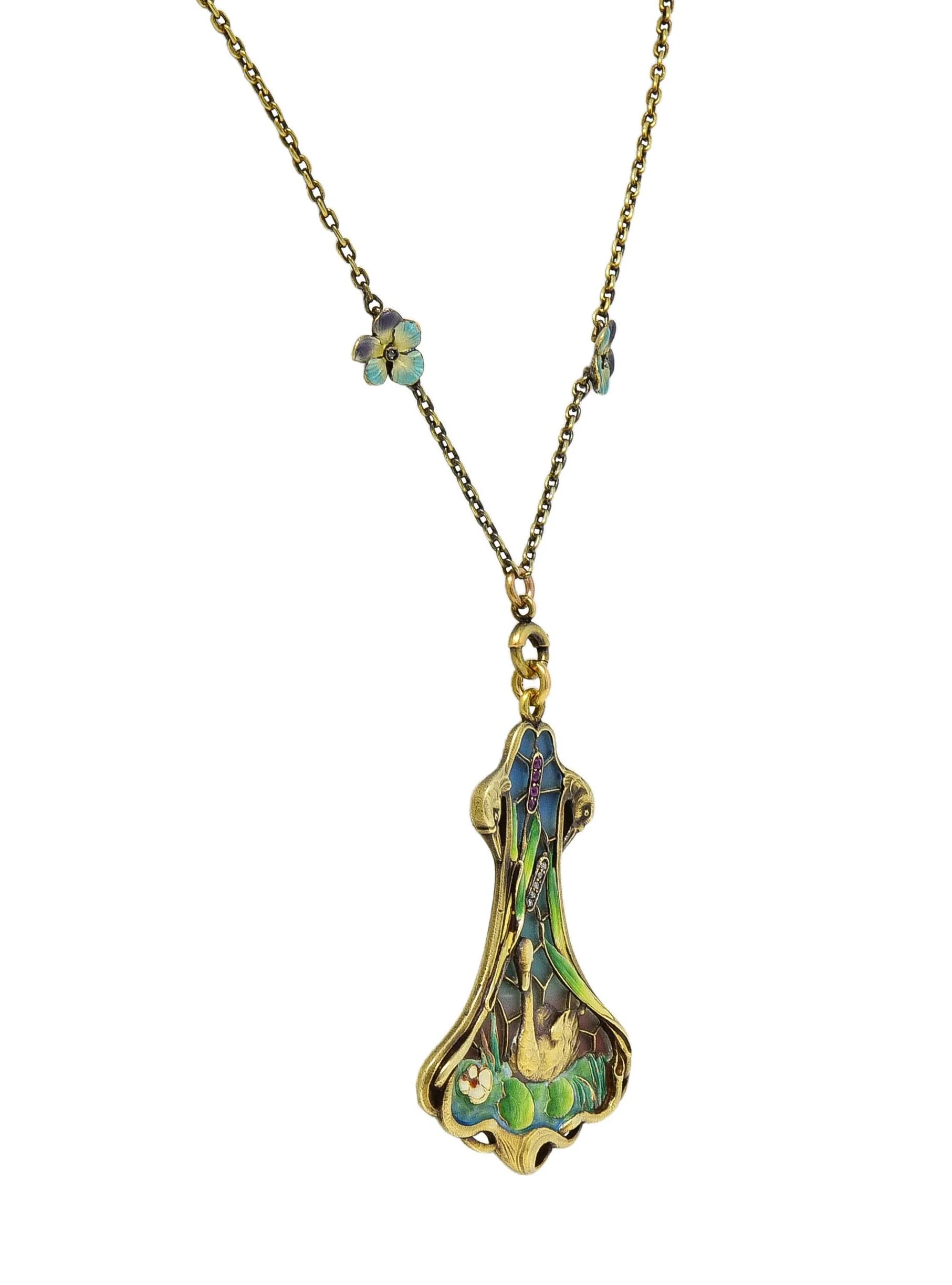 Art Nouveau Plique-A-Jour Enamel 14 Karat Gold Antique Swan Bird Lake Lily Pad Pendant Necklace - Image 9