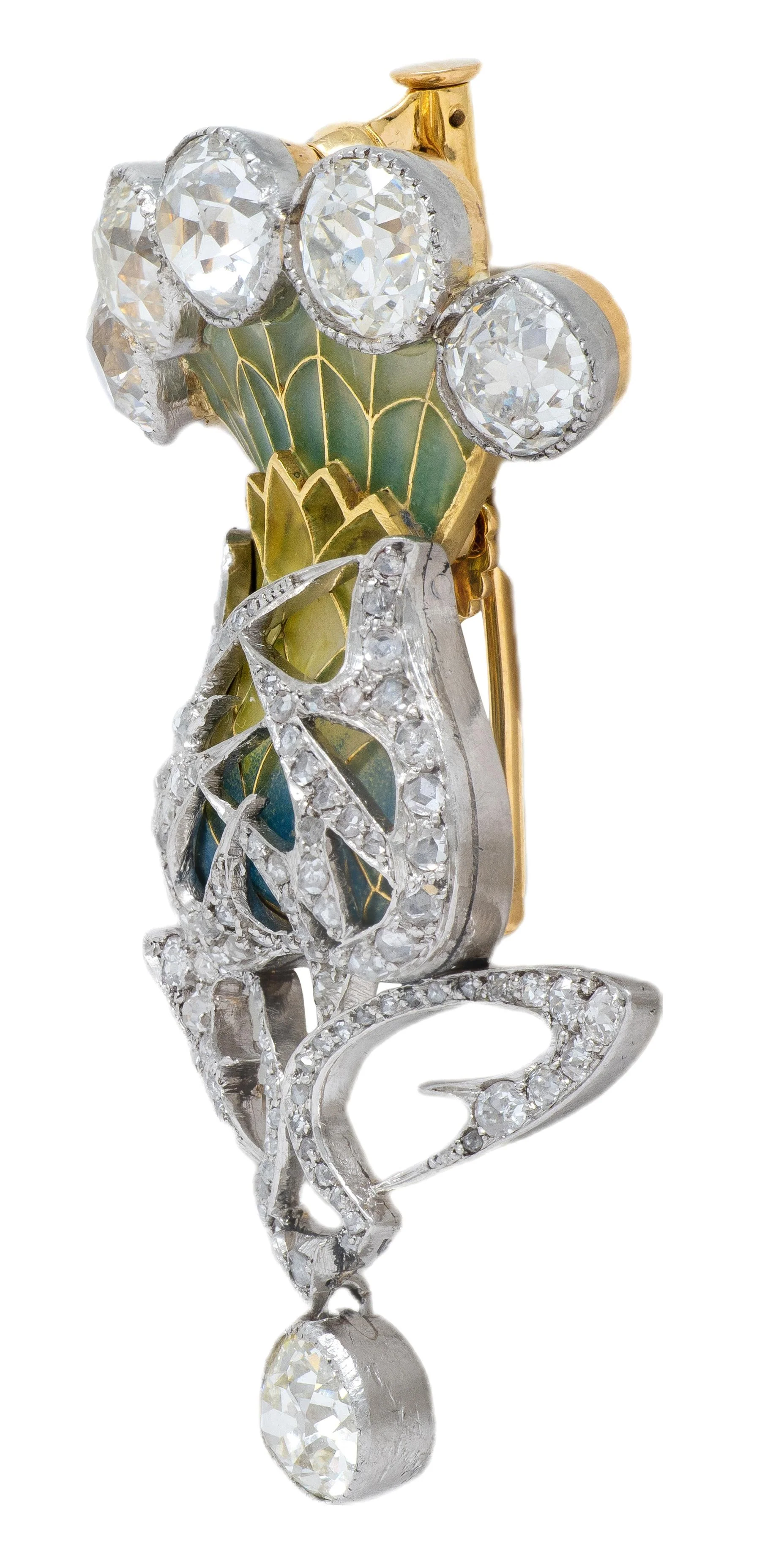 Art Nouveau Plique-a-Jour Enamel 6.15 CTW Diamond Platinum 18 Karat Yellow Gold Antique Thistle Pendant Brooch - Image 3