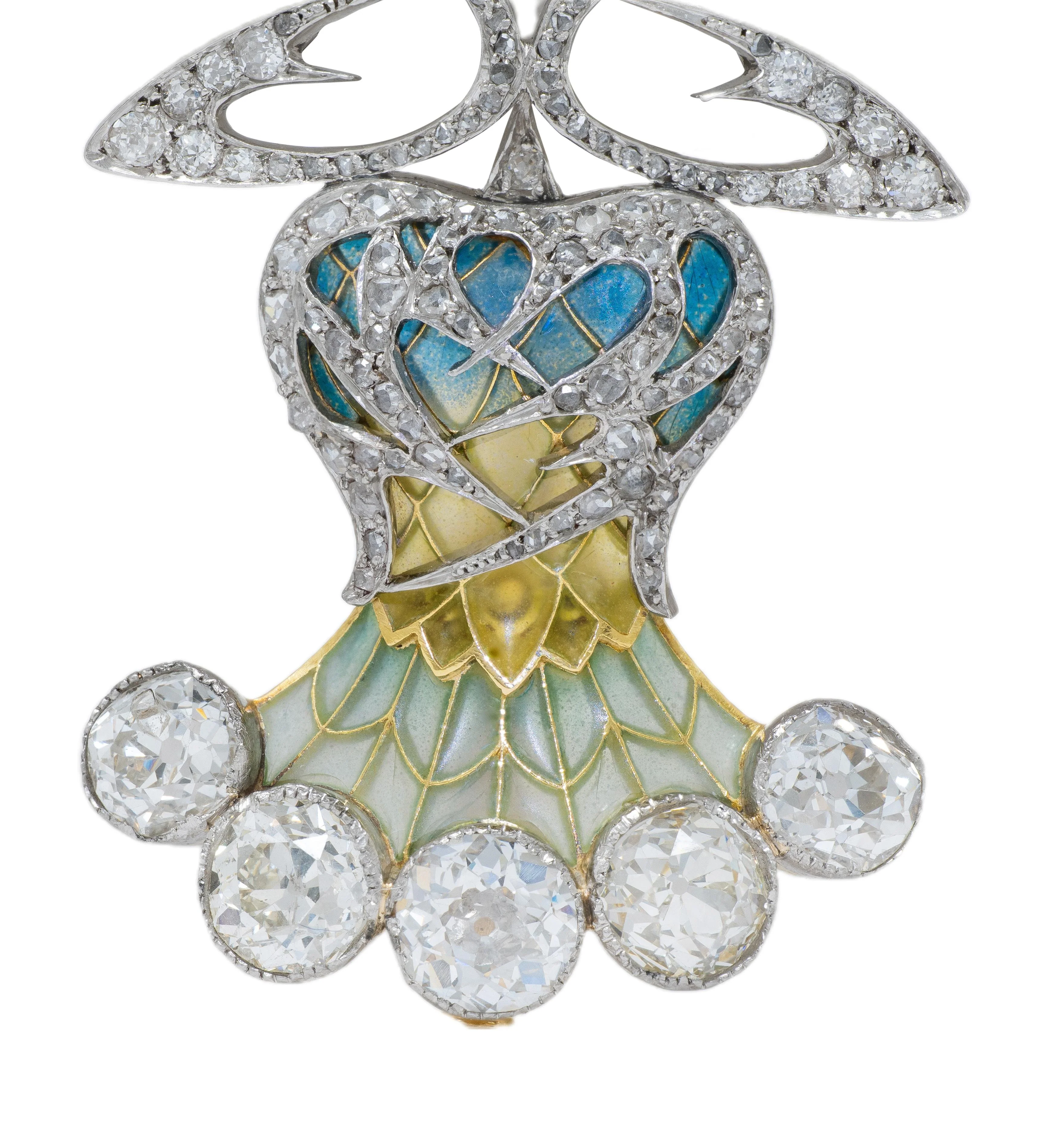 Art Nouveau Plique-a-Jour Enamel 6.15 CTW Diamond Platinum 18 Karat Yellow Gold Antique Thistle Pendant Brooch - Image 6