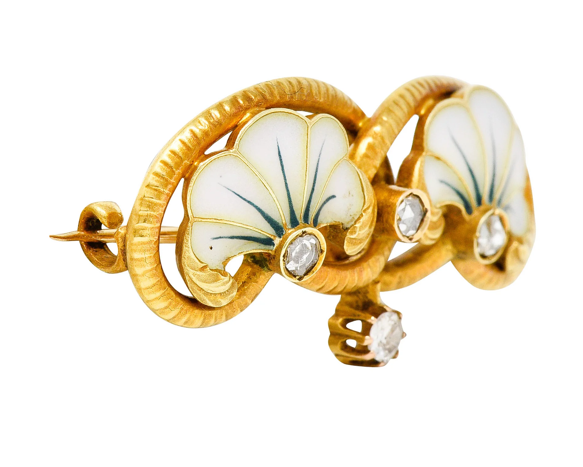 Art Nouveau Plique-A-Jour Enamel Diamond 18 Karat Gold Flower Love Knot Brooch - Image 2