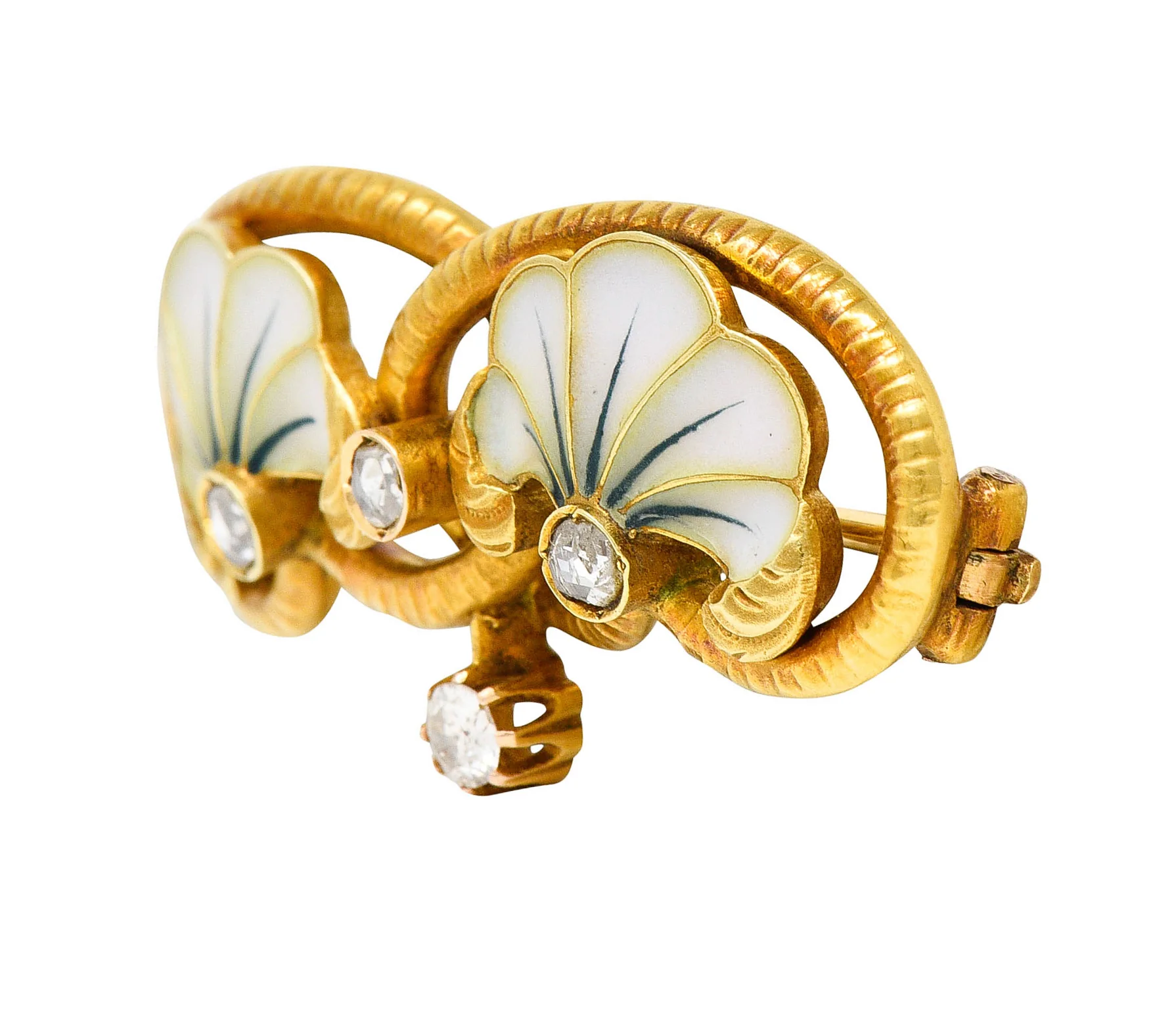 Art Nouveau Plique-A-Jour Enamel Diamond 18 Karat Gold Flower Love Knot Brooch - Image 4