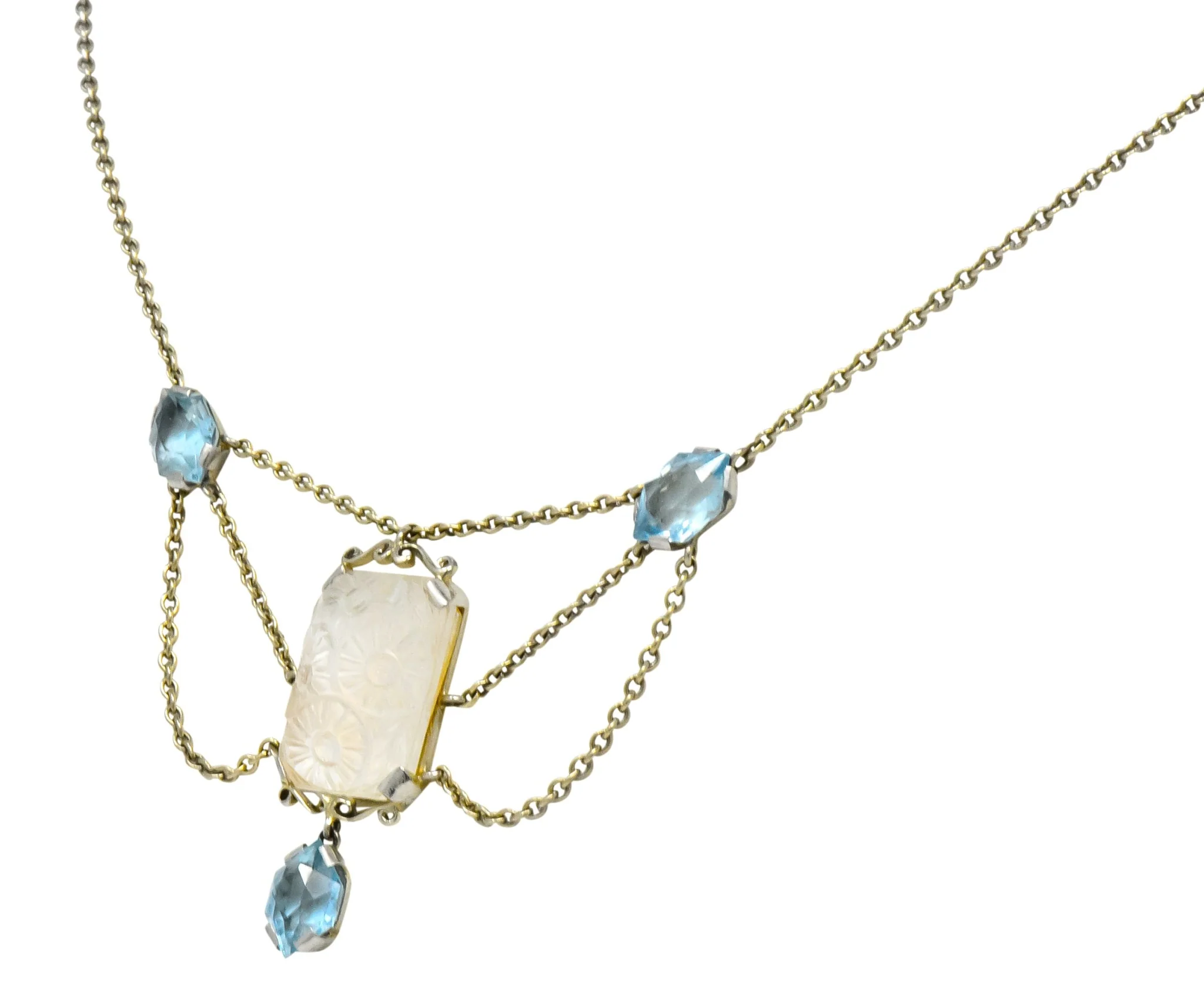 Art Nouveau Rock Crystal Mother of Pearl Aquamarine 18 Karat Gold Swag Necklace - Image 2