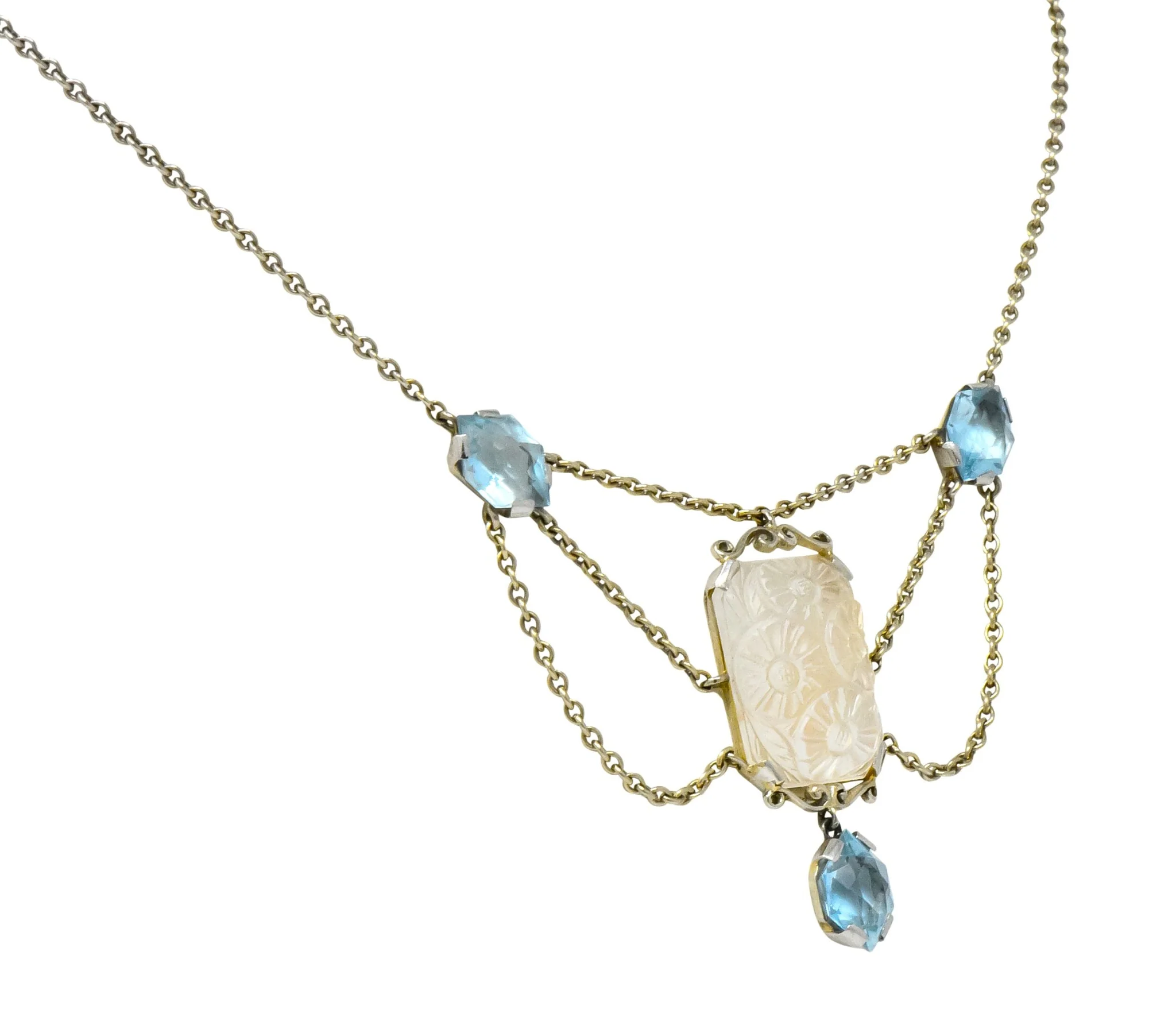 Art Nouveau Rock Crystal Mother of Pearl Aquamarine 18 Karat Gold Swag Necklace - Image 3