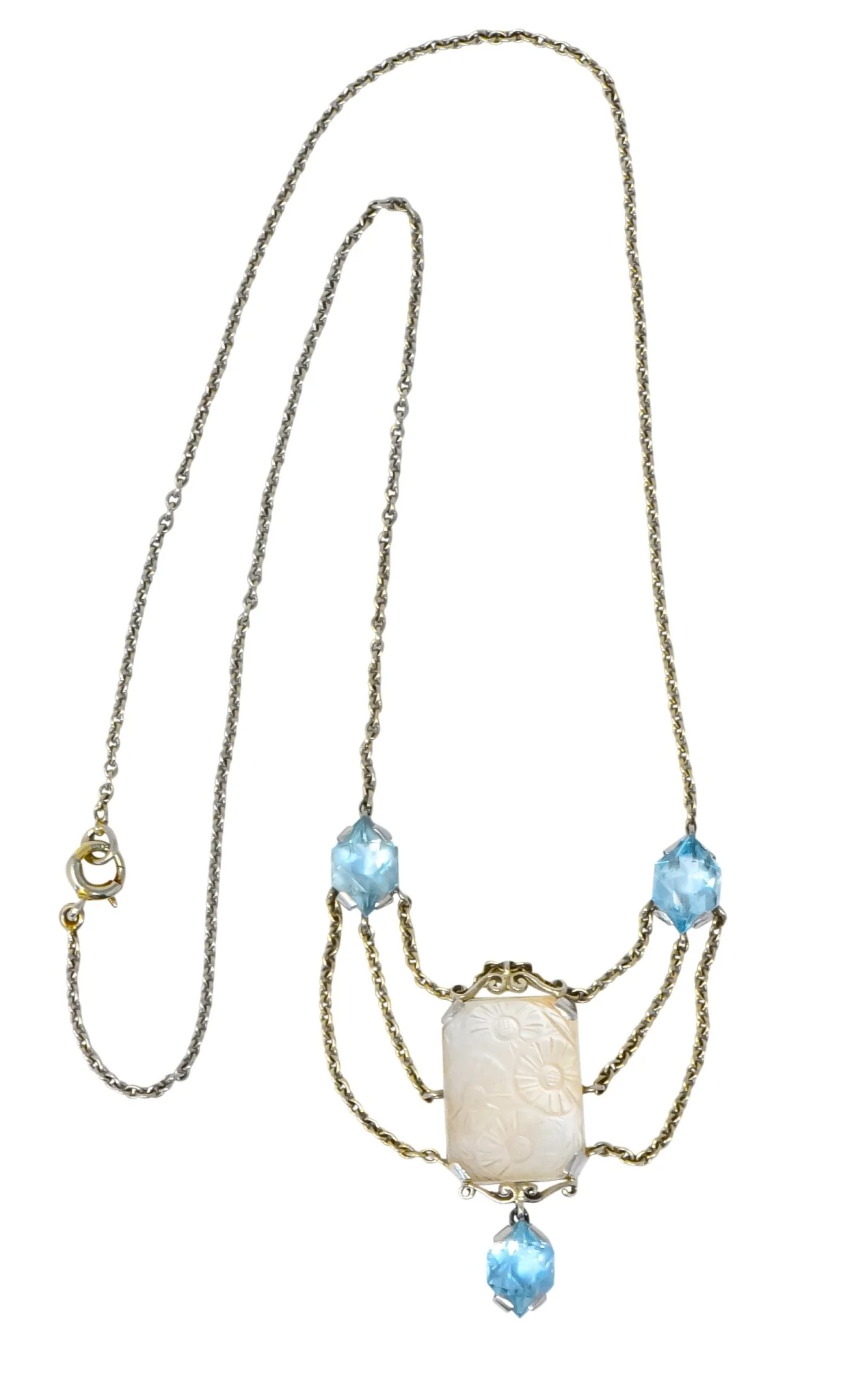 Art Nouveau Rock Crystal Mother of Pearl Aquamarine 18 Karat Gold Swag Necklace - Image 4
