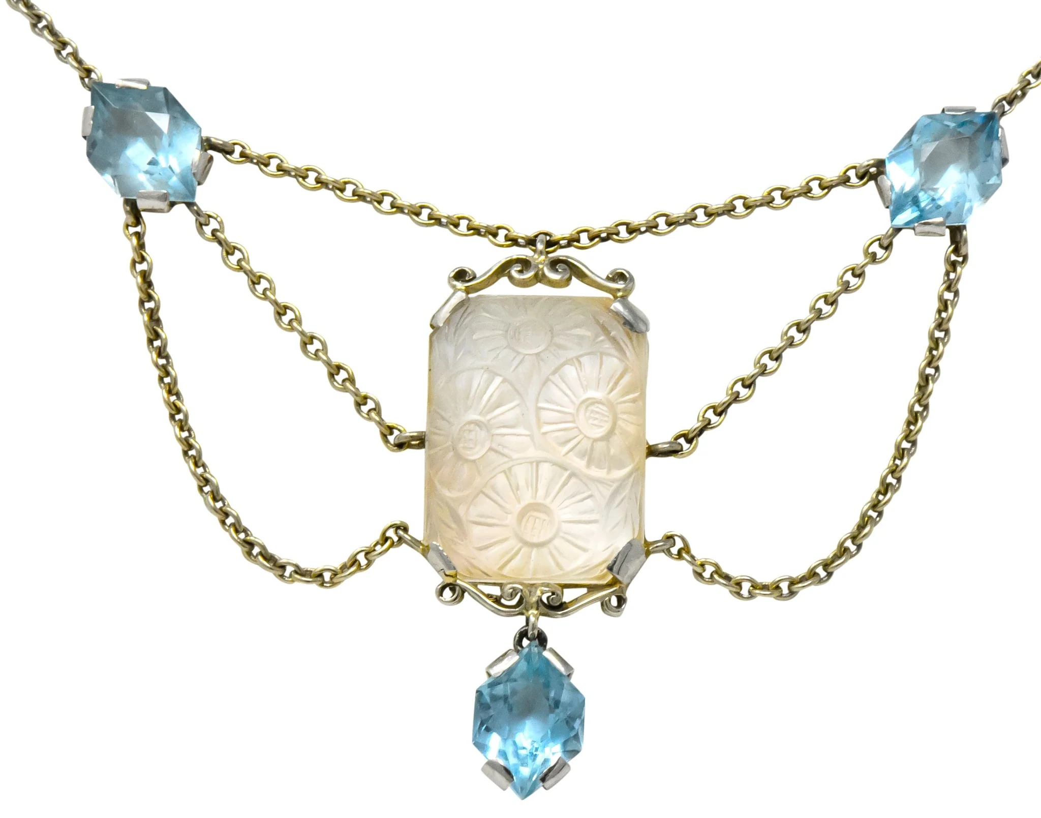 Art Nouveau Rock Crystal Mother of Pearl Aquamarine 18 Karat Gold Swag Necklace - Image 5
