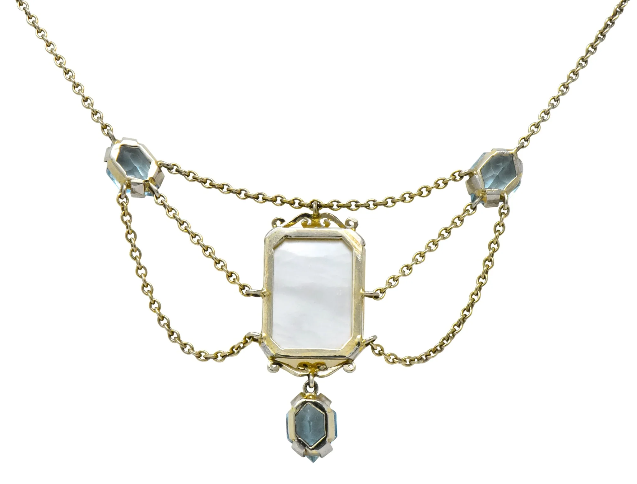 Art Nouveau Rock Crystal Mother of Pearl Aquamarine 18 Karat Gold Swag Necklace - Image 7