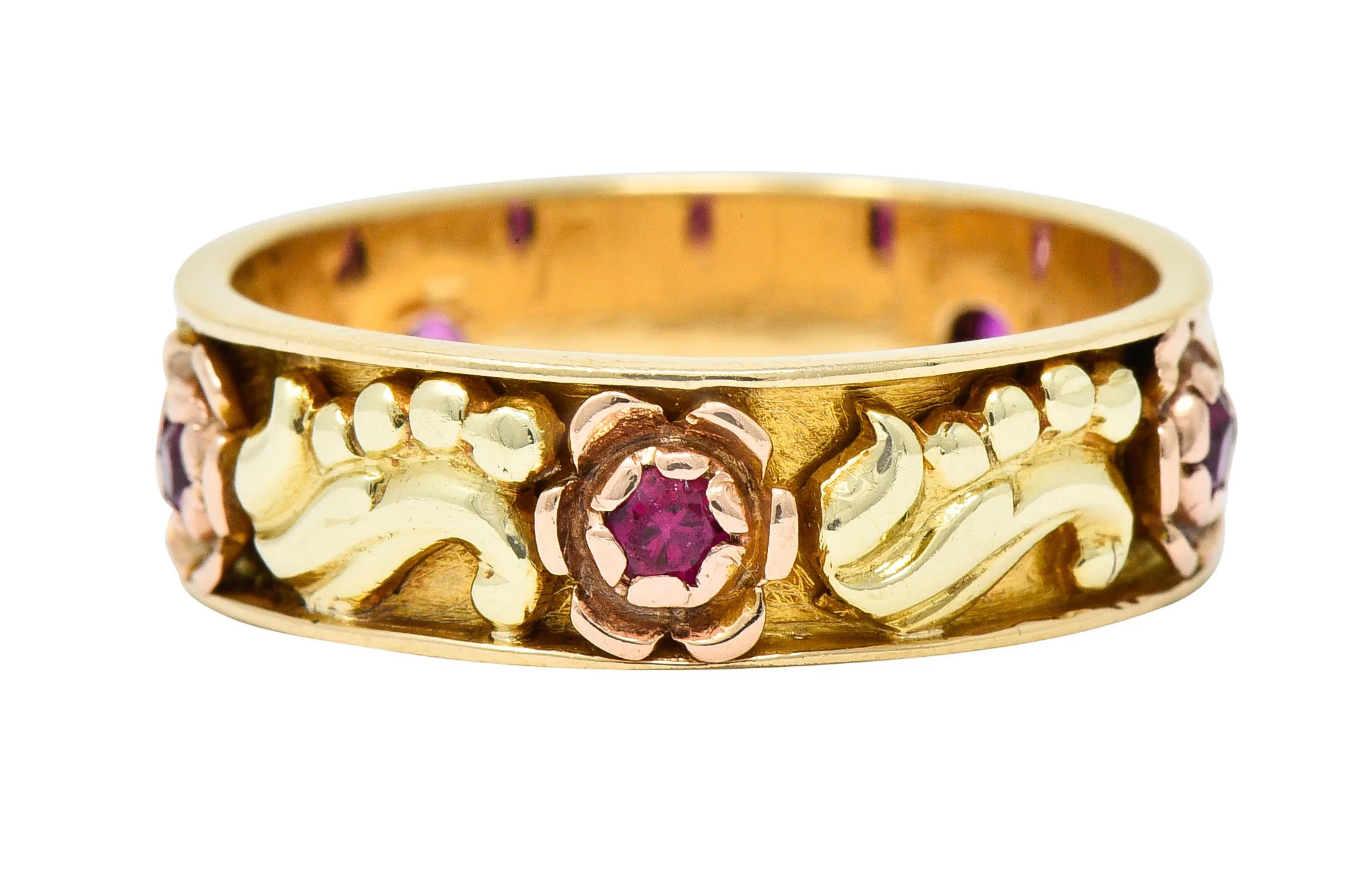 Art Nouveau Ruby 14 Karat Tri-Colored Gold Rose Band Ring