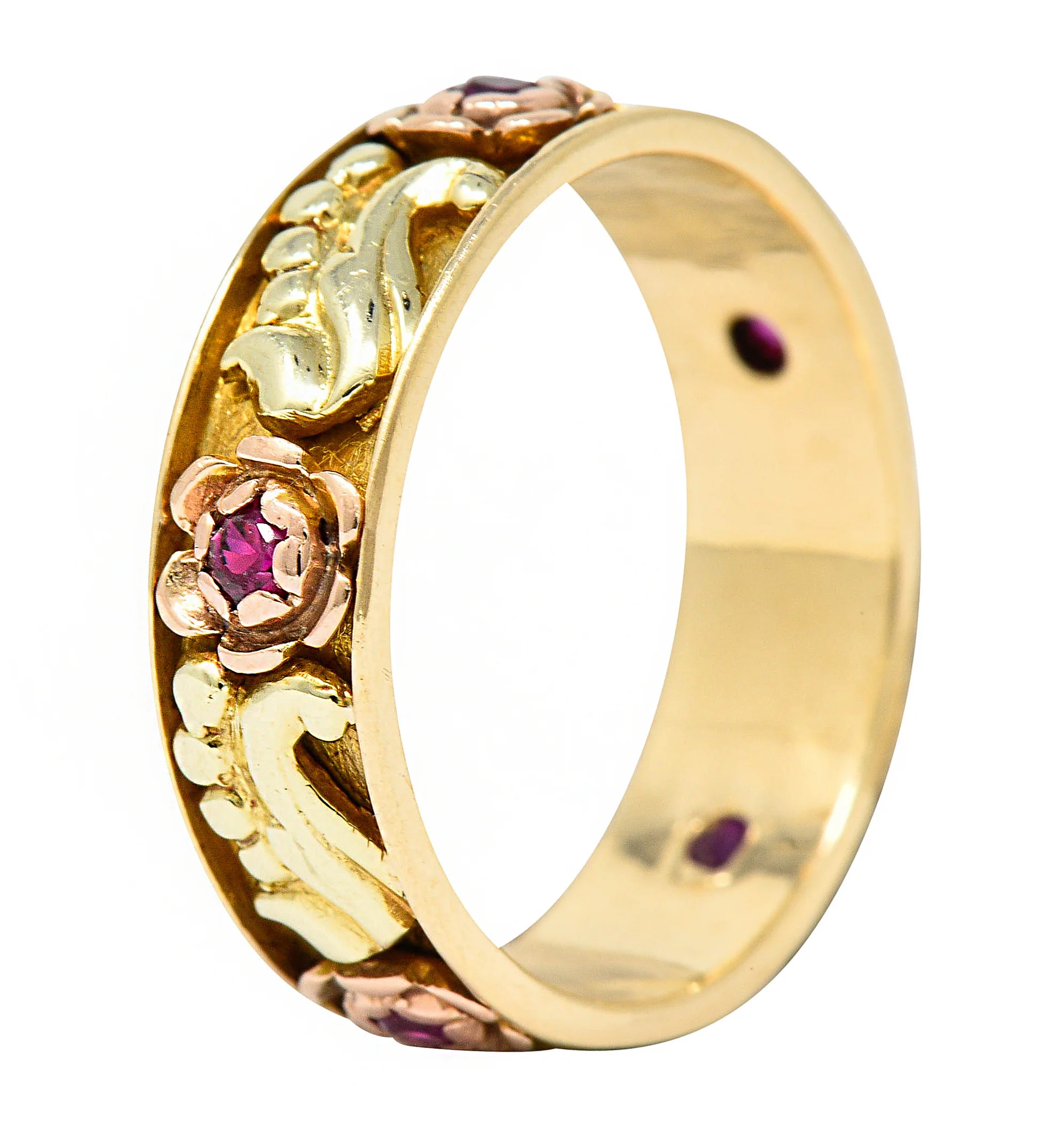 Art Nouveau Ruby 14 Karat Tri-Colored Gold Rose Band Ring - Image 6