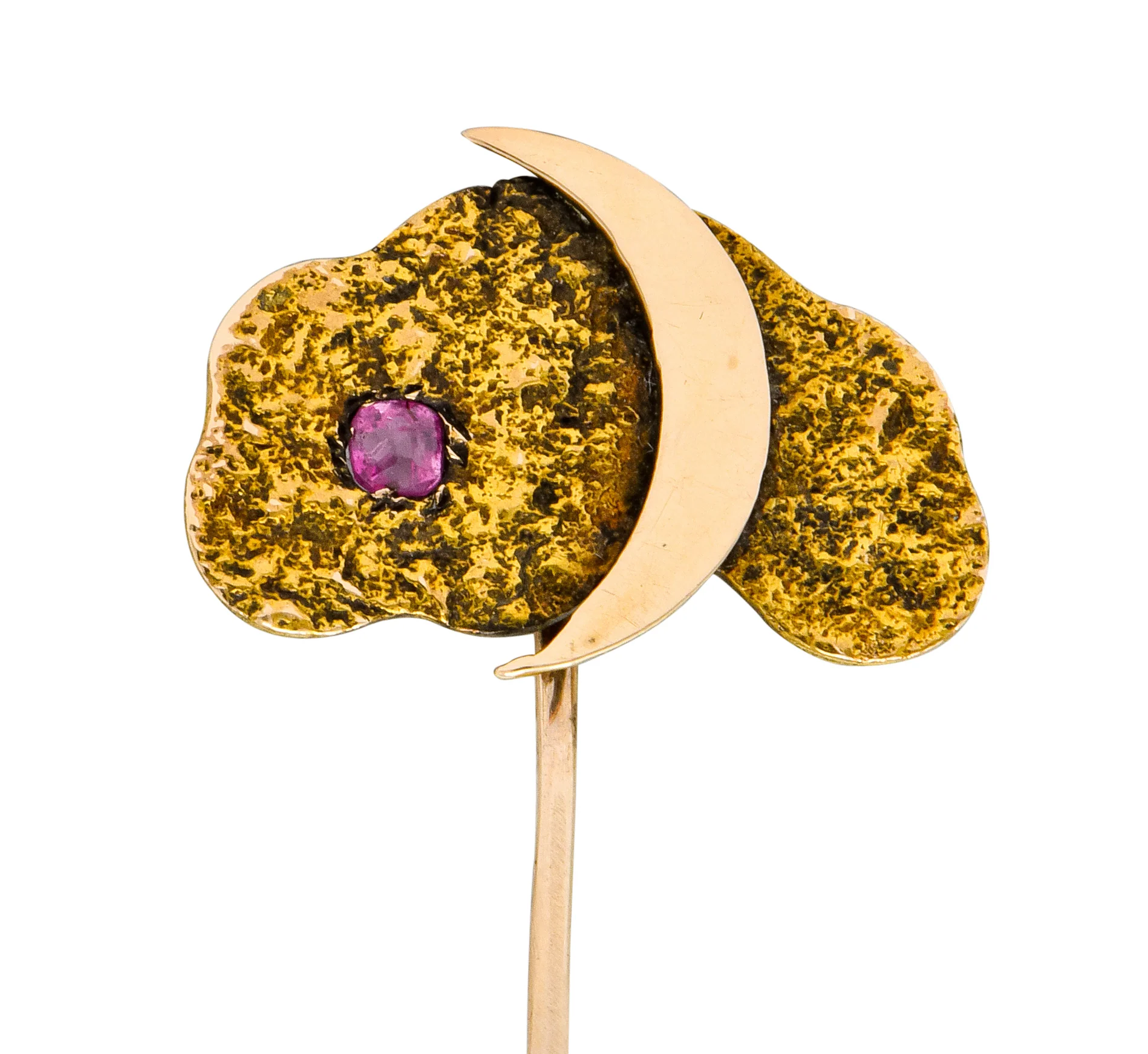 Art Nouveau Ruby 14 Karat Two-Tone Gold Crescent Moon Night Sky Stickpin - Image 6
