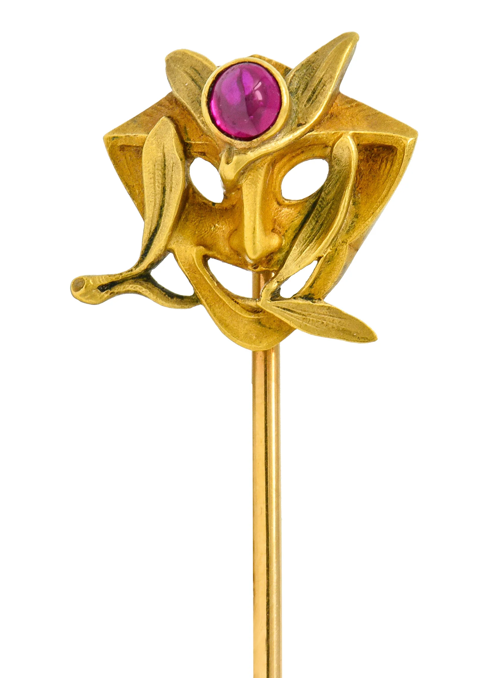 Art Nouveau Ruby Cabochon 18 Karat Gold Green Man Stickpin - Image 6