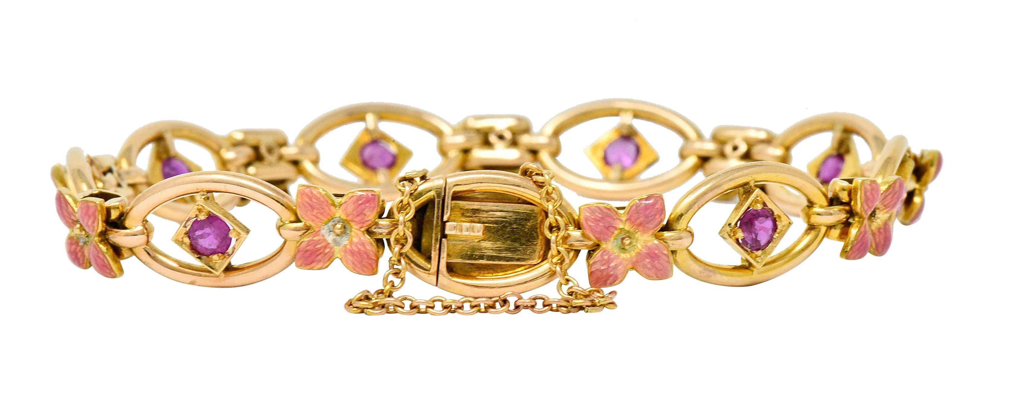 Art Nouveau Ruby Enamel 18 Karat Gold Flower Link Bracelet - Image 3