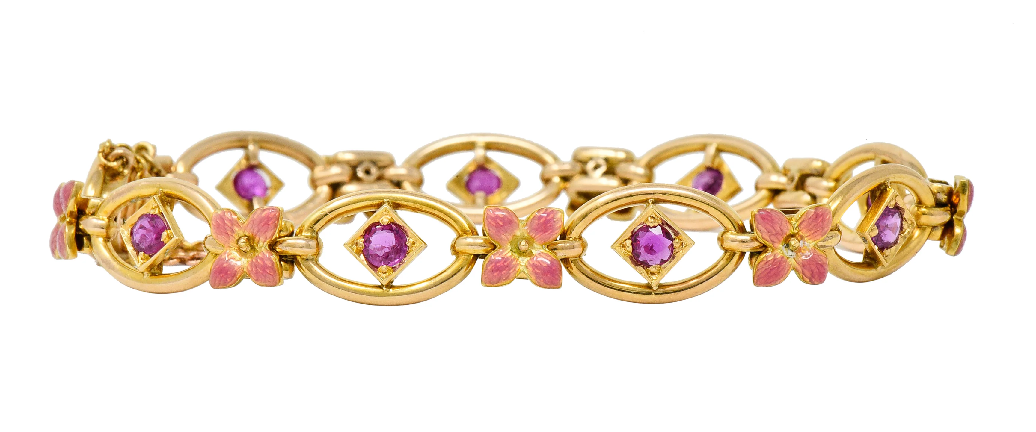 Art Nouveau Ruby Enamel 18 Karat Gold Flower Link Bracelet - Image 4