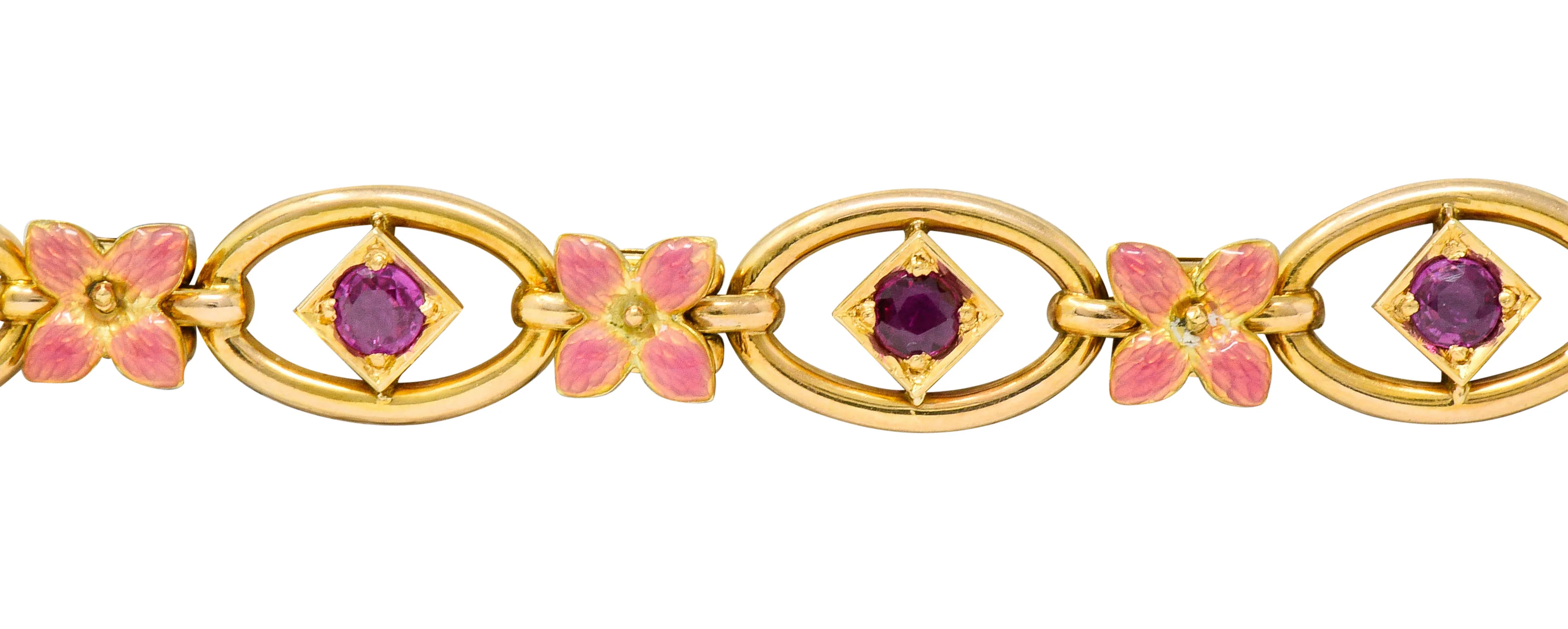 Art Nouveau Ruby Enamel 18 Karat Gold Flower Link Bracelet - Image 7