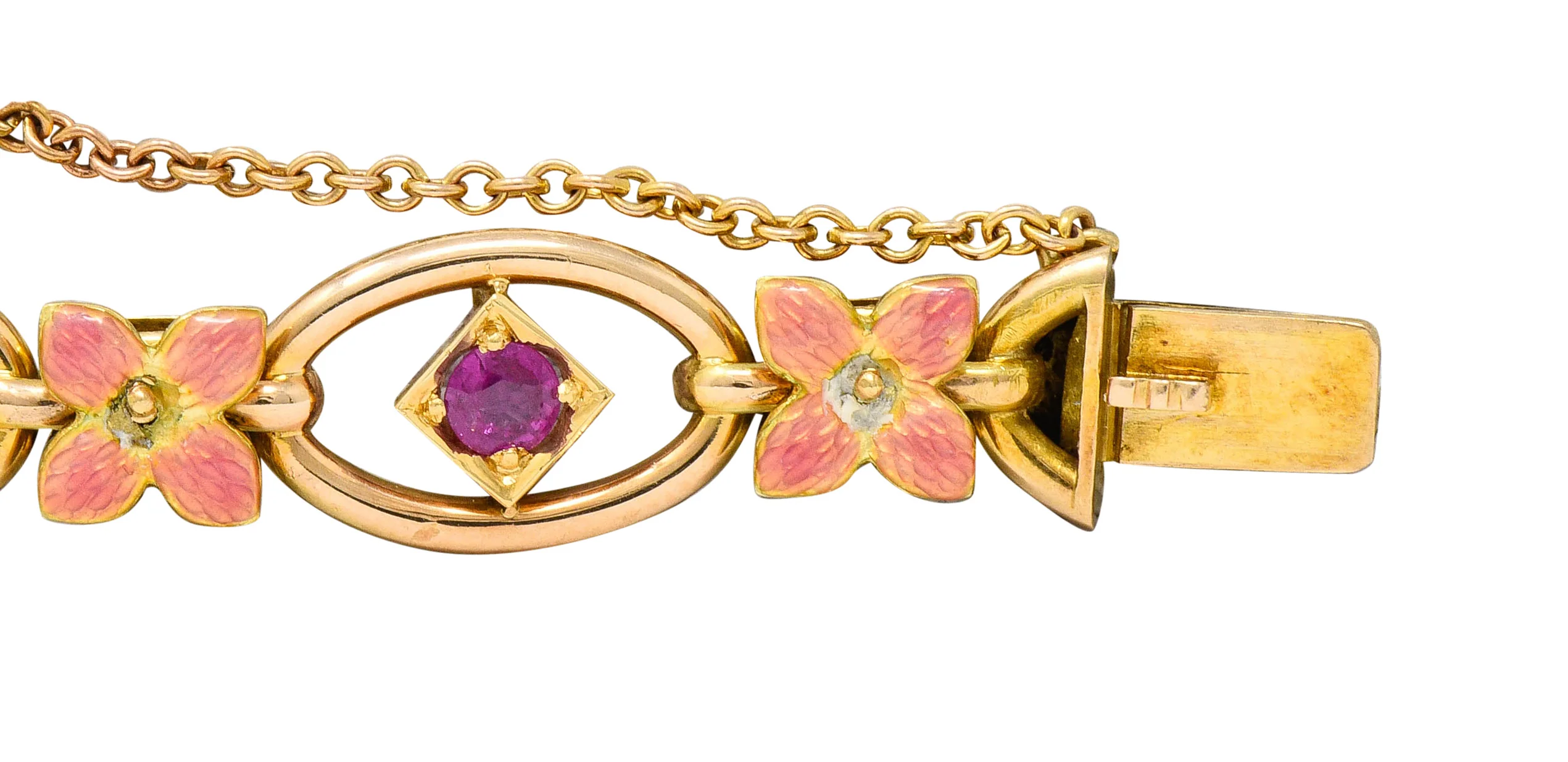 Art Nouveau Ruby Enamel 18 Karat Gold Flower Link Bracelet - Image 9