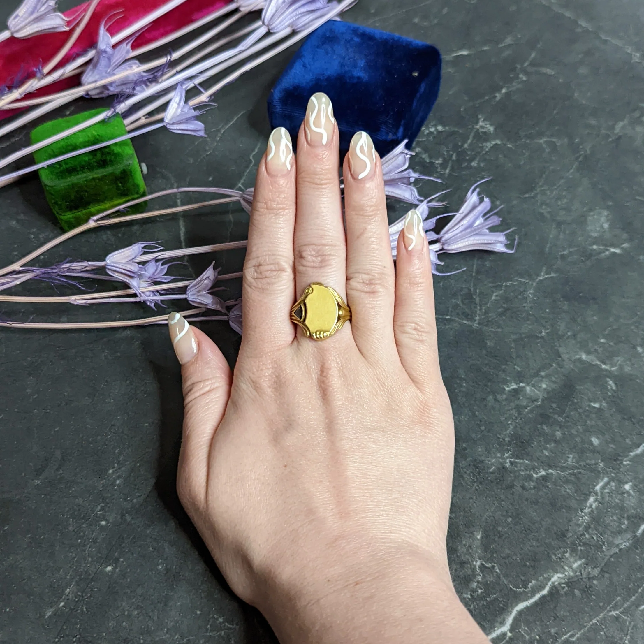Art Nouveau Sapphire 14 Karat Gold Signet Ring - Image 12