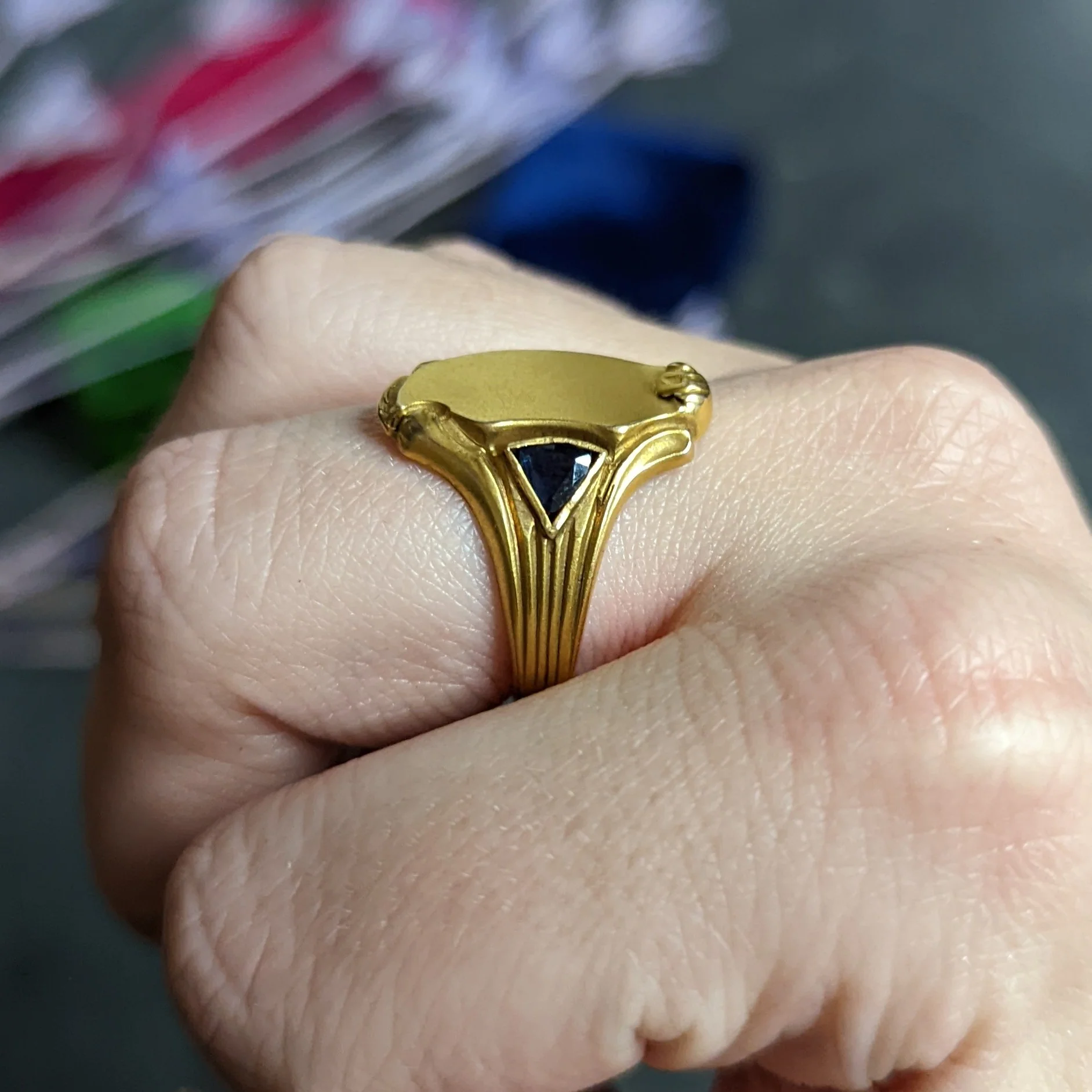 Art Nouveau Sapphire 14 Karat Gold Signet Ring - Image 13