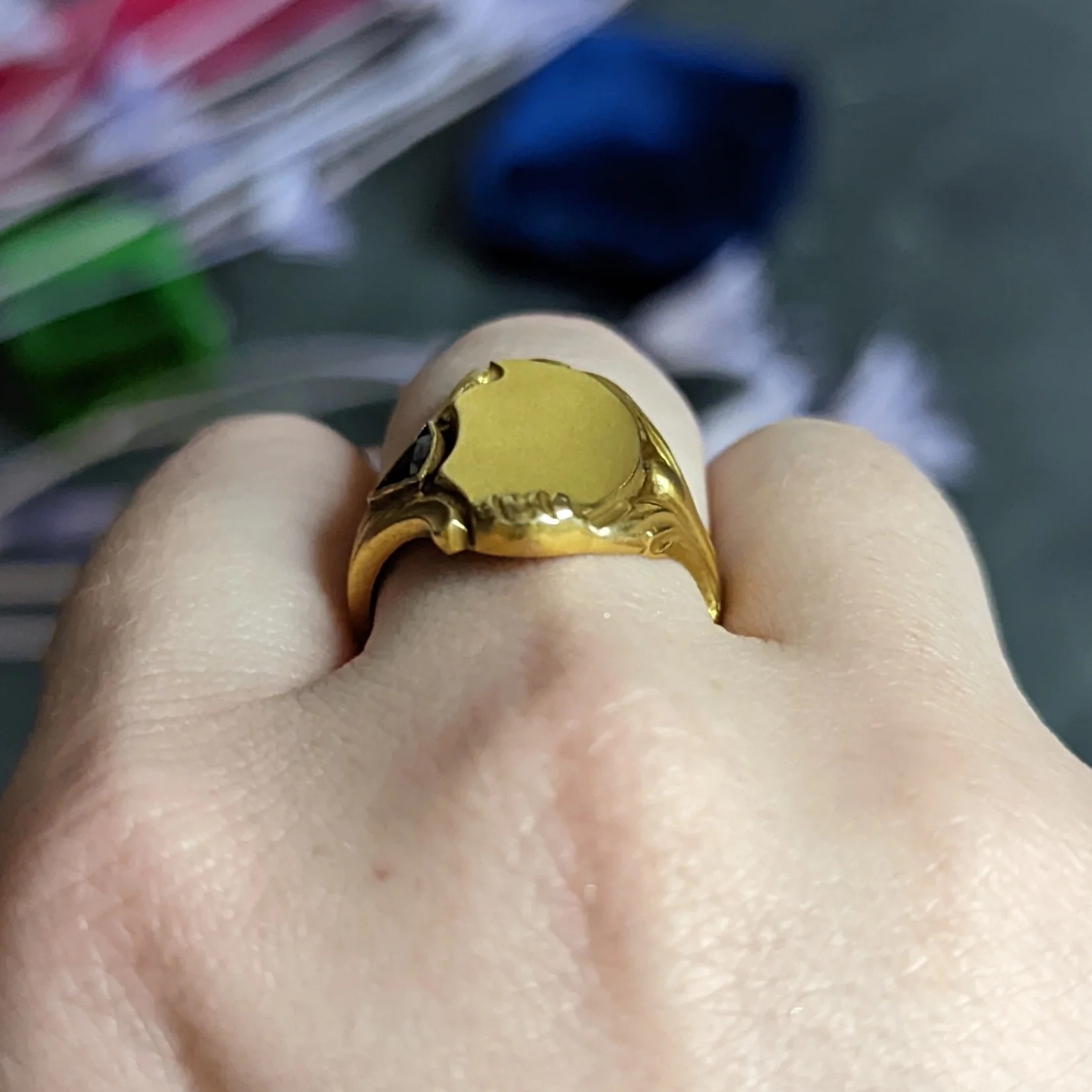Art Nouveau Sapphire 14 Karat Gold Signet Ring - Image 14