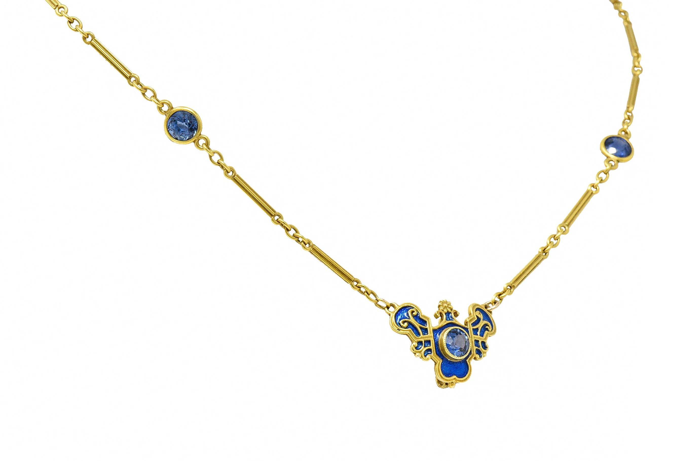 Art Nouveau Sapphire Enamel 14 Karat Gold Station Necklace - Image 4