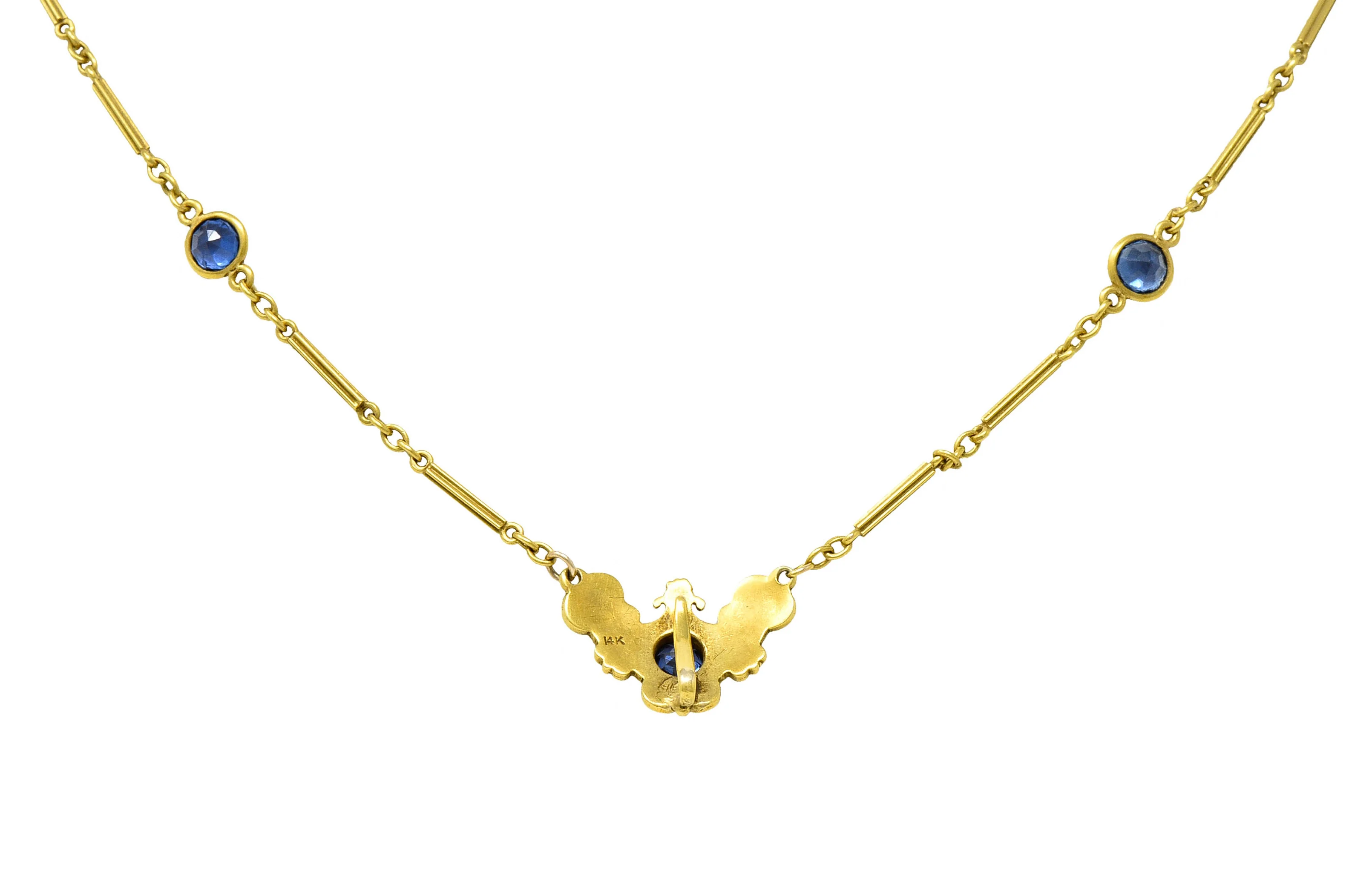 Art Nouveau Sapphire Enamel 14 Karat Gold Station Necklace - Image 5