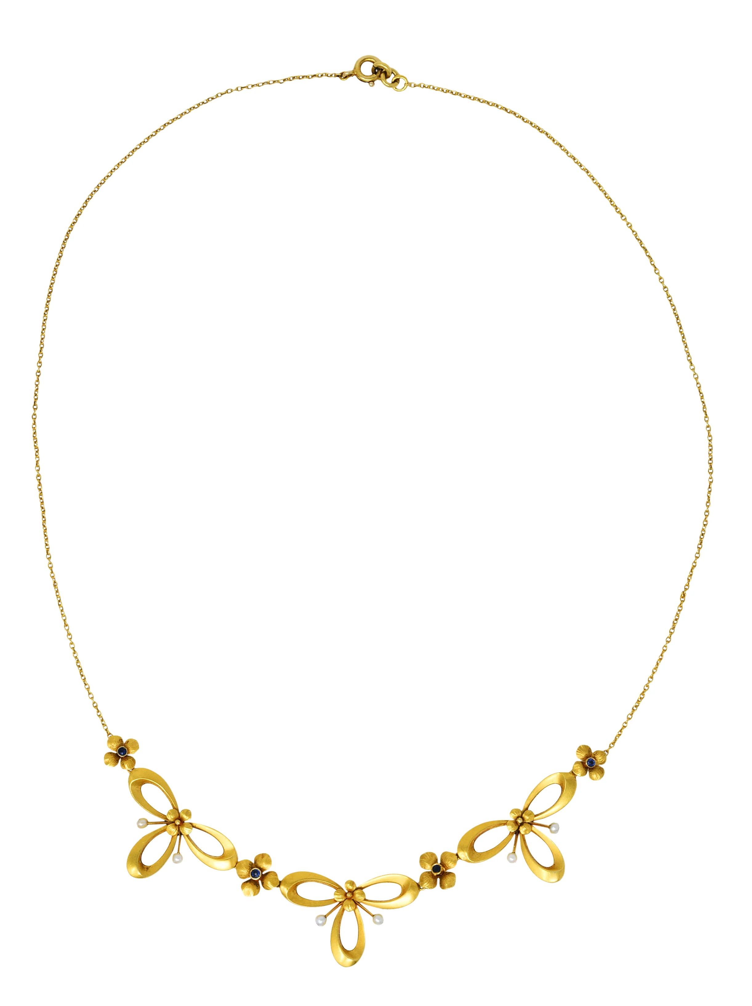 Art Nouveau Sapphire Pearl 18 Karat Gold Flower Blossom Station Necklace - Image 10