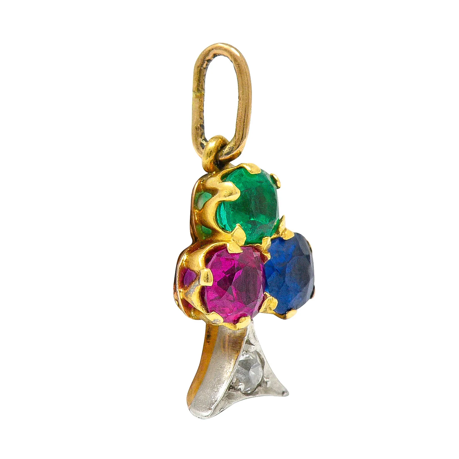 Art Nouveau Sapphire Ruby Diamond Platinum-Topped 18 Karat Gold Clover Charm - Image 2