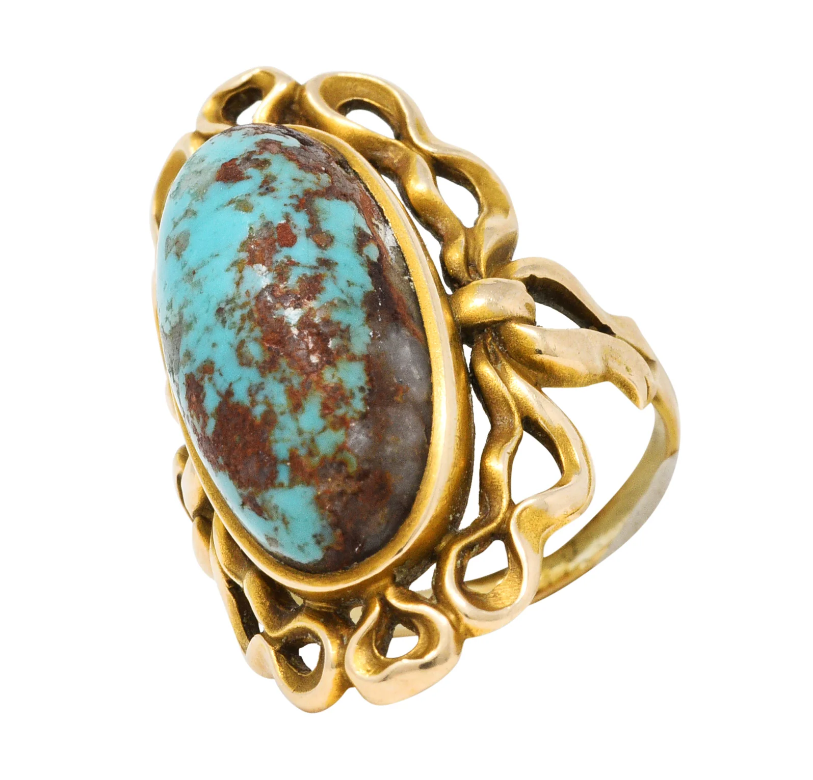 Art Nouveau Turquoise 14 Karat Yellow Gold Cabochon Ring - Image 9